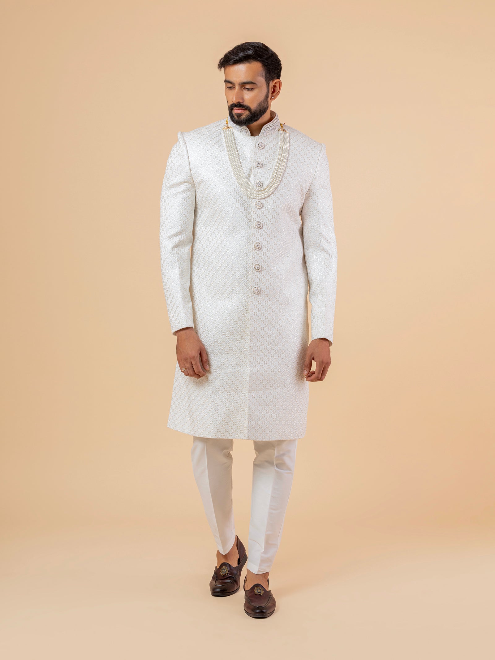 Warm White Allover-Embroidered Sherwani