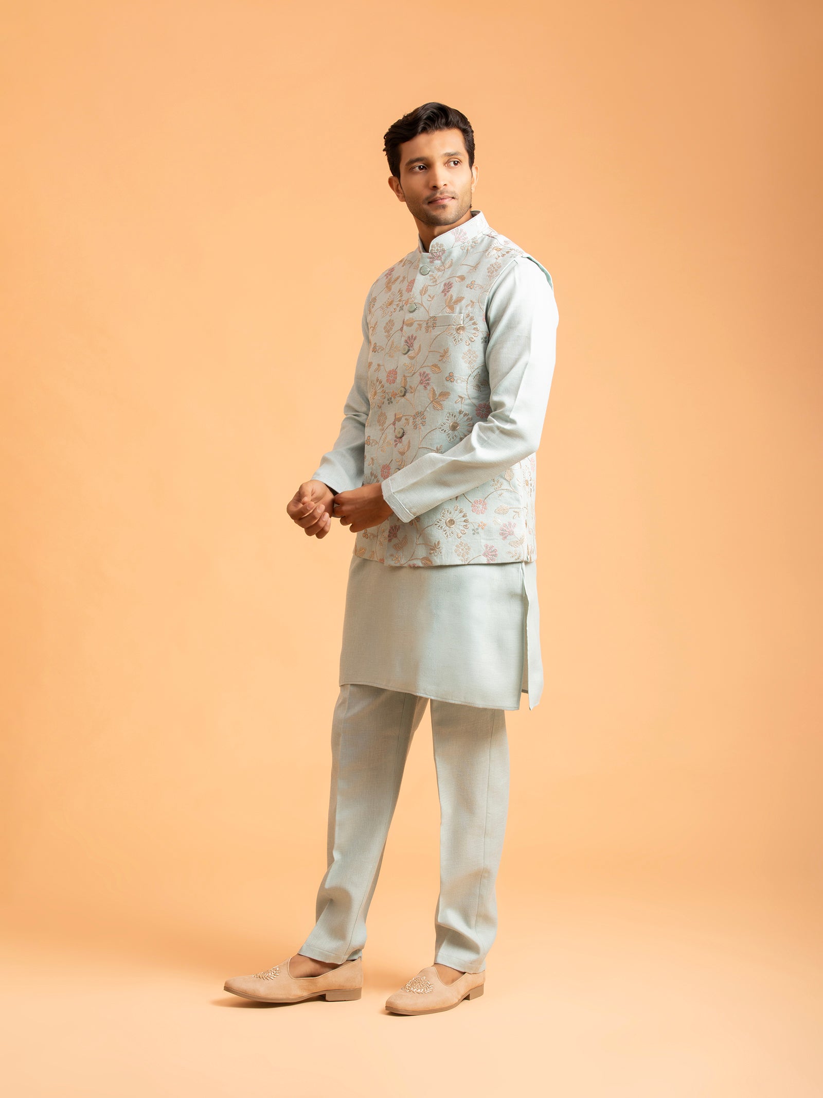 Azure Serenity Floral Embroidered Nehru Jacket Set