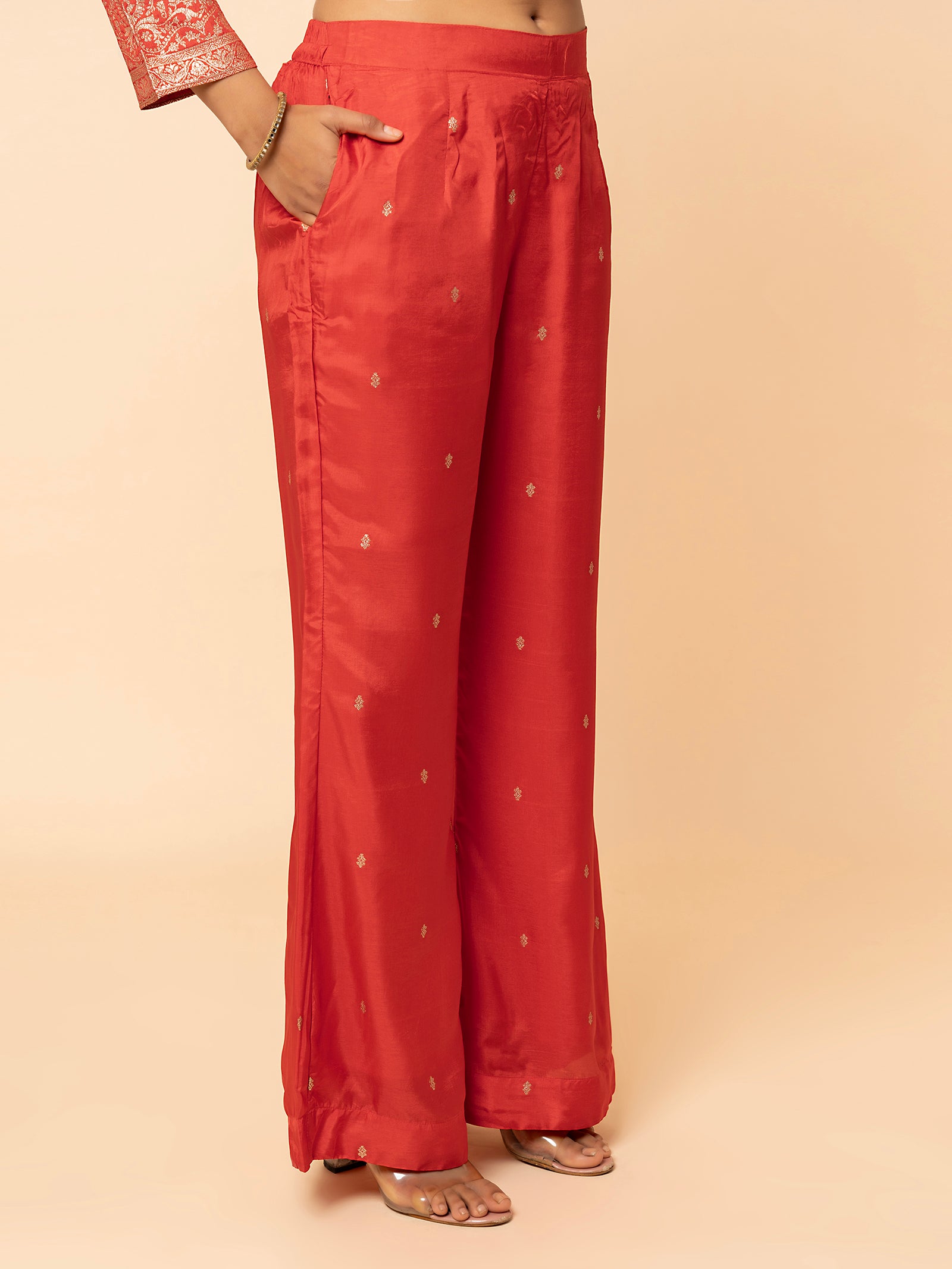 Burnt Orange Silk Co-ord Set with Zari Border & ButI Embroidery