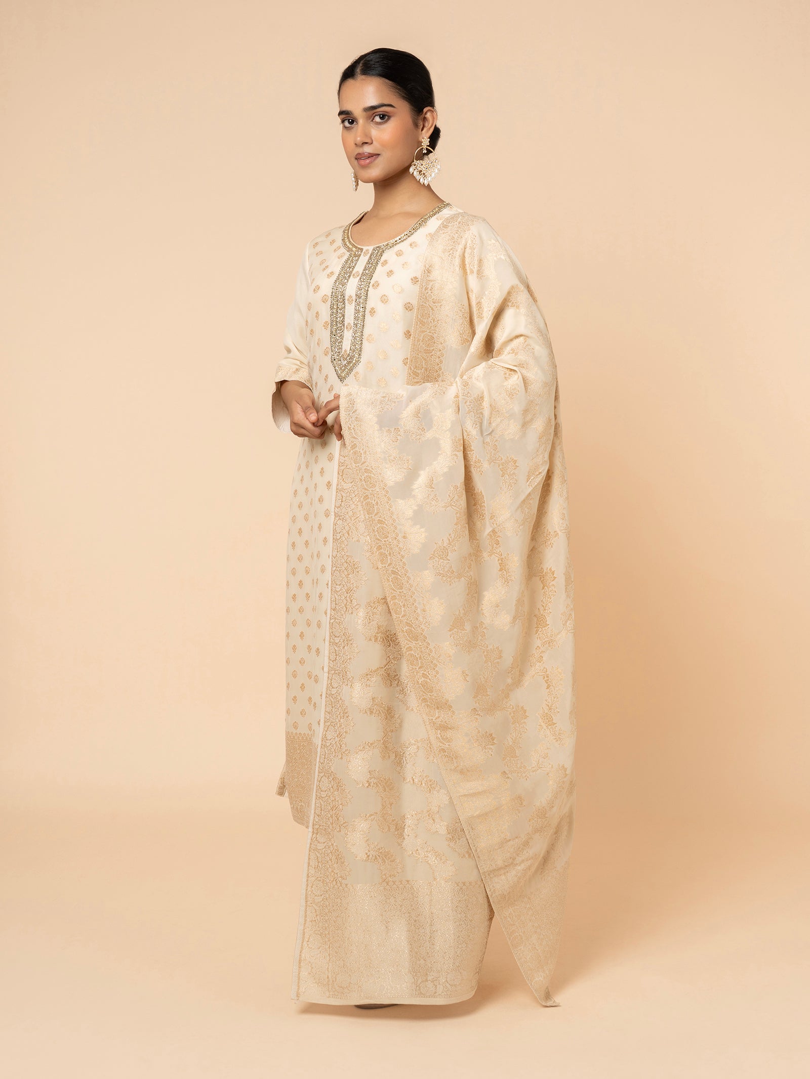 Ivory Silk Suit with Gold Weaving