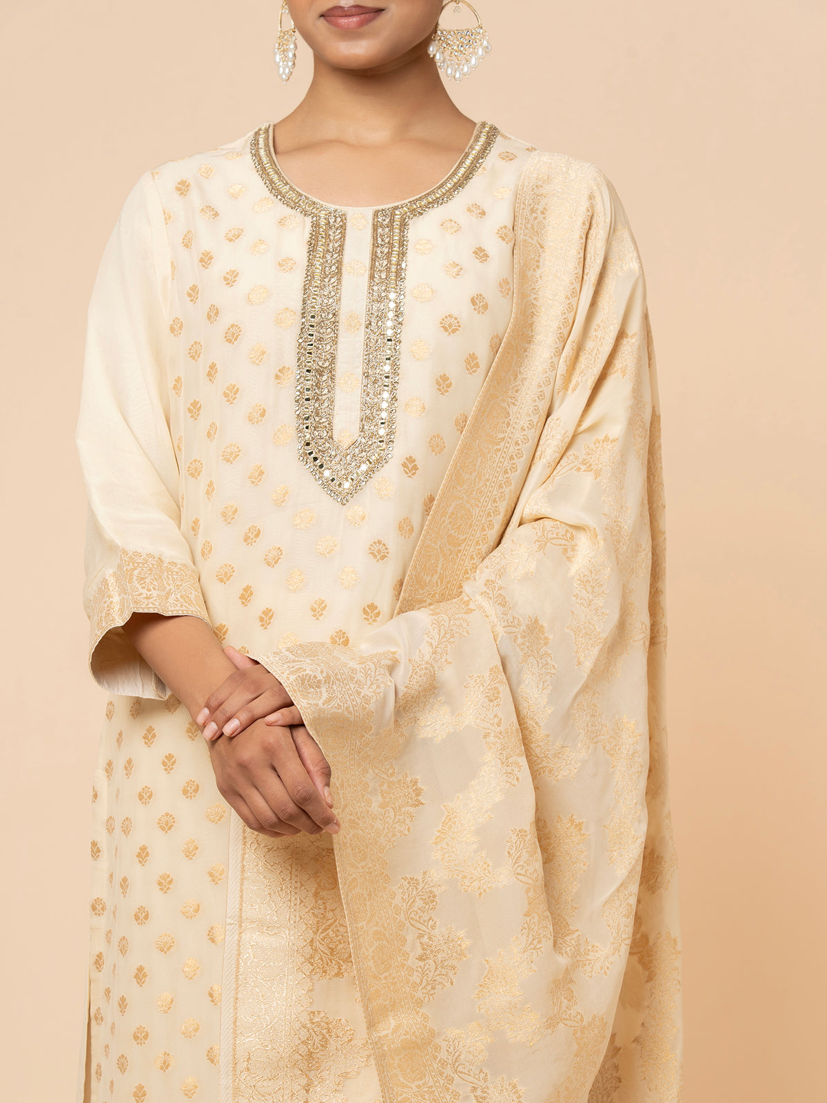 Ivory Silk Suit with Gold Weaving