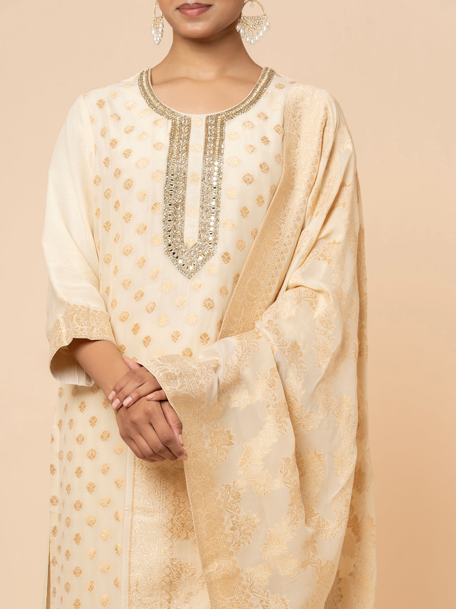 Ivory Silk Suit with Gold Weaving