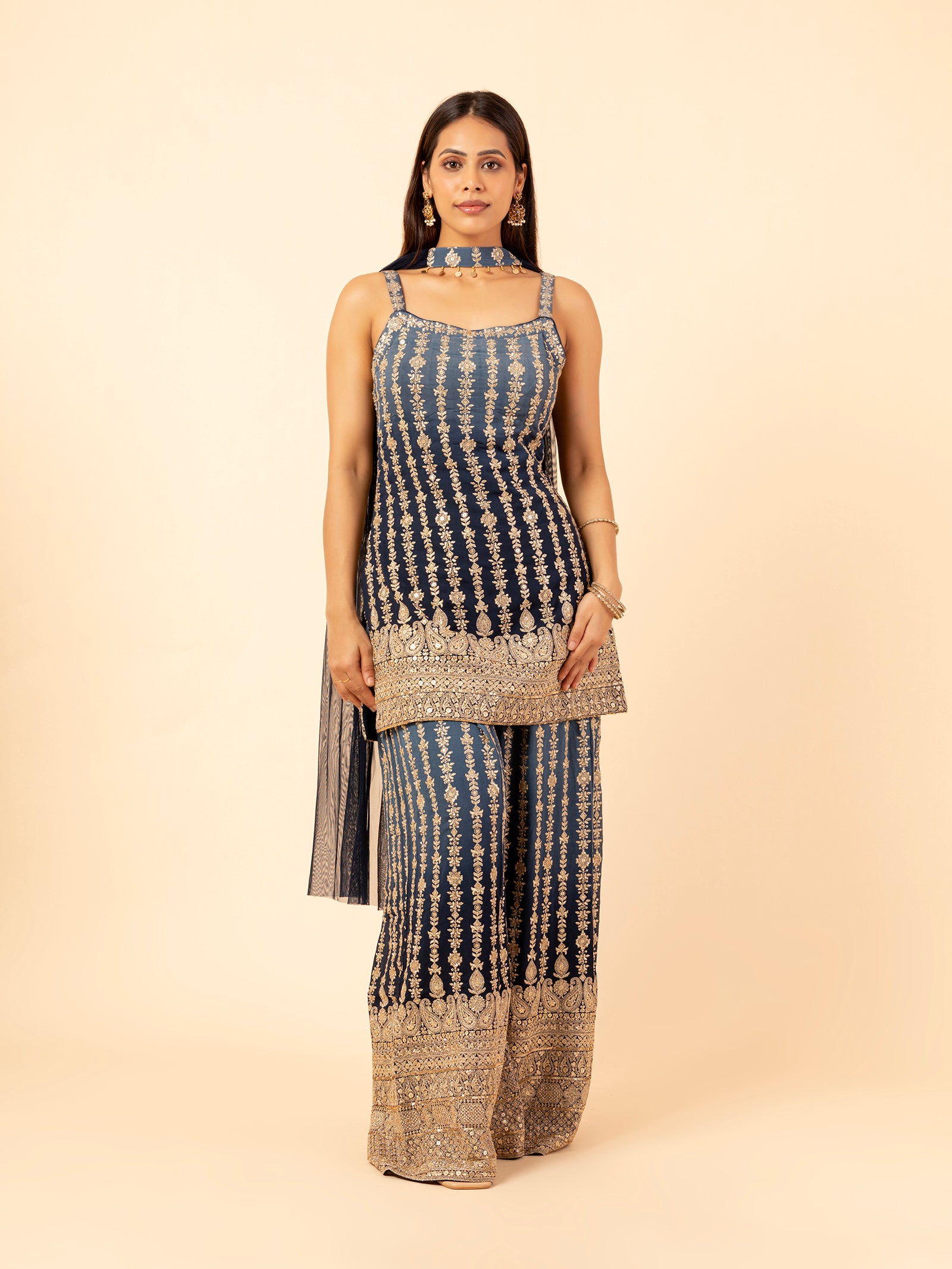 Midnight Blue Gilded Floral Vines Sharara Ensemble