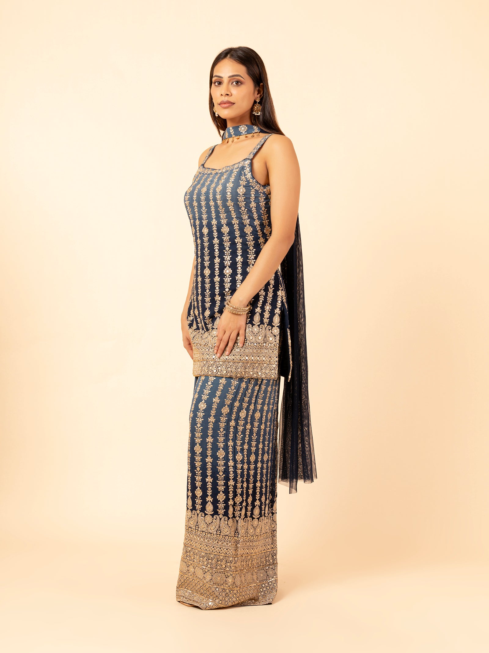 Midnight Blue Gilded Floral Vines Sharara Ensemble