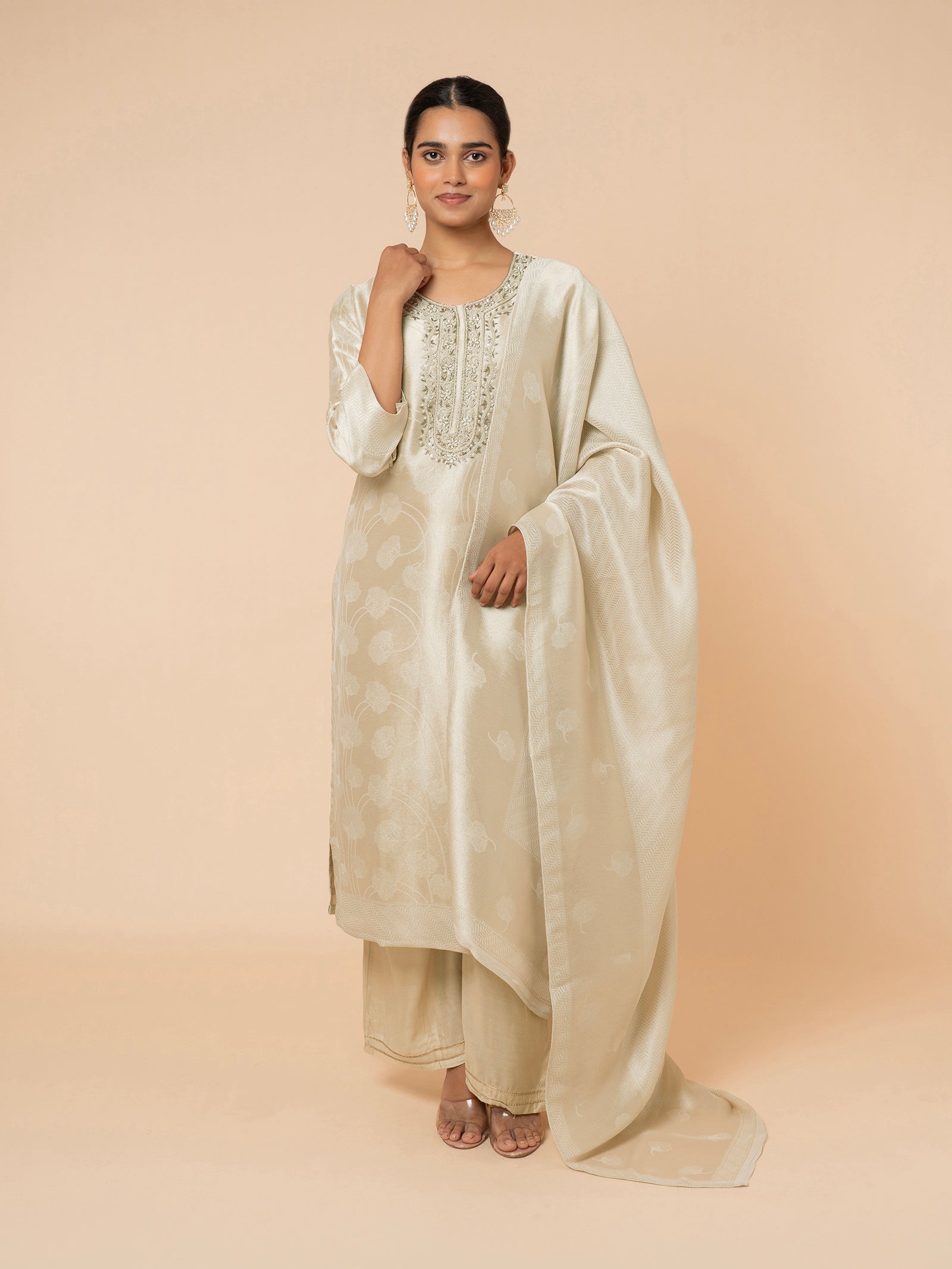 Champagne Silk Suit with Delicate Floral Weaving