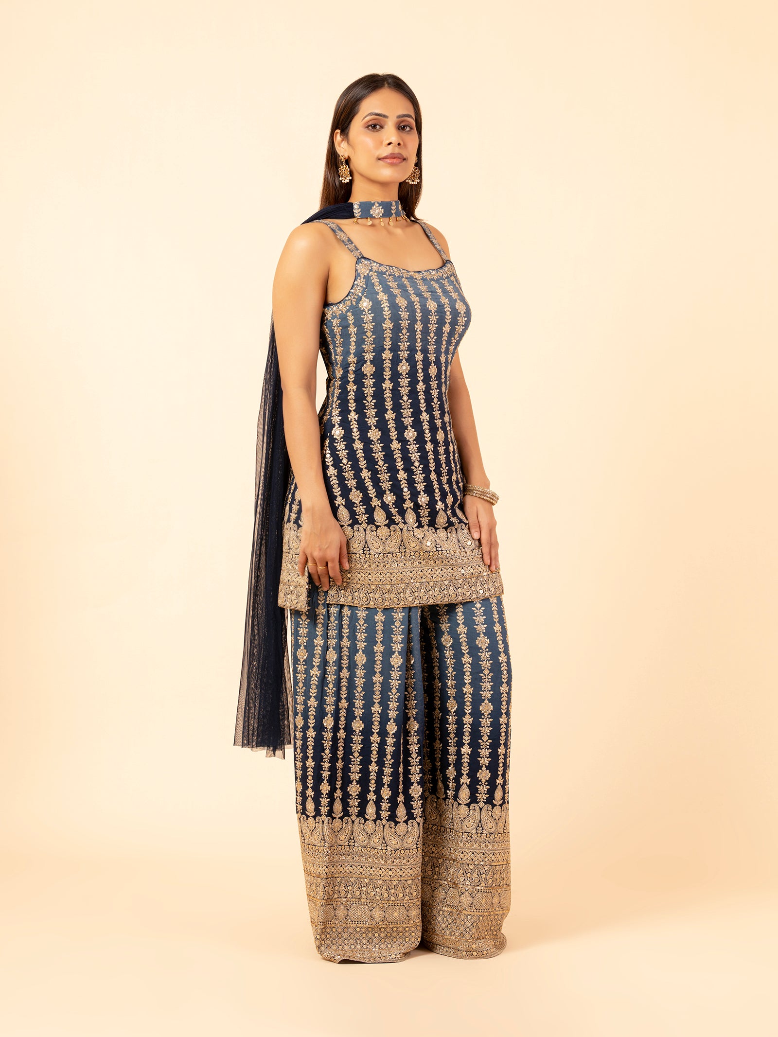 Midnight Blue Gilded Floral Vines Sharara Ensemble
