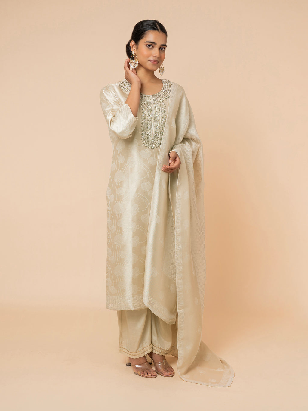 Champagne Silk Suit with Delicate Floral Weaving
