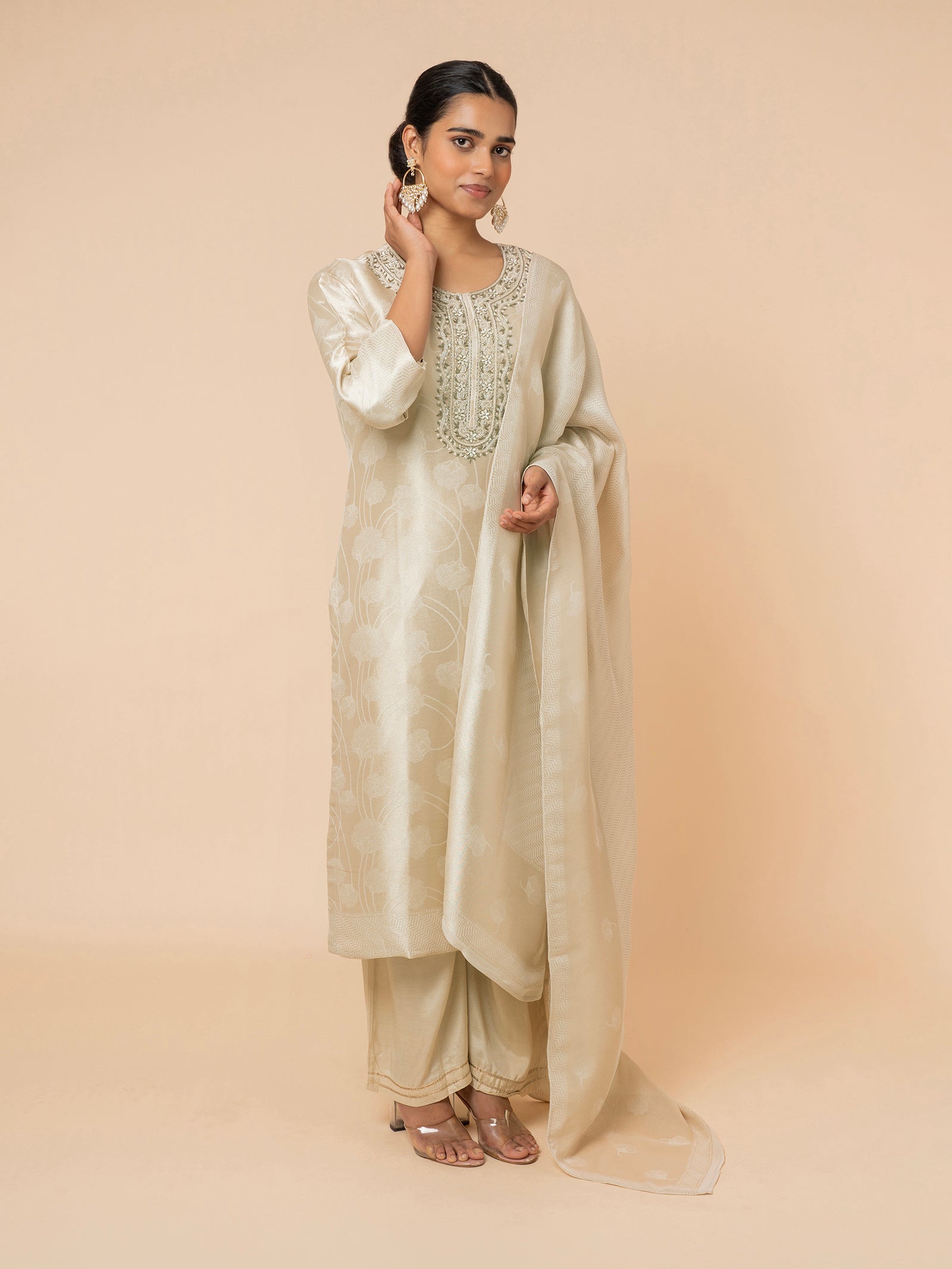 Champagne Silk Suit with Delicate Floral Weaving