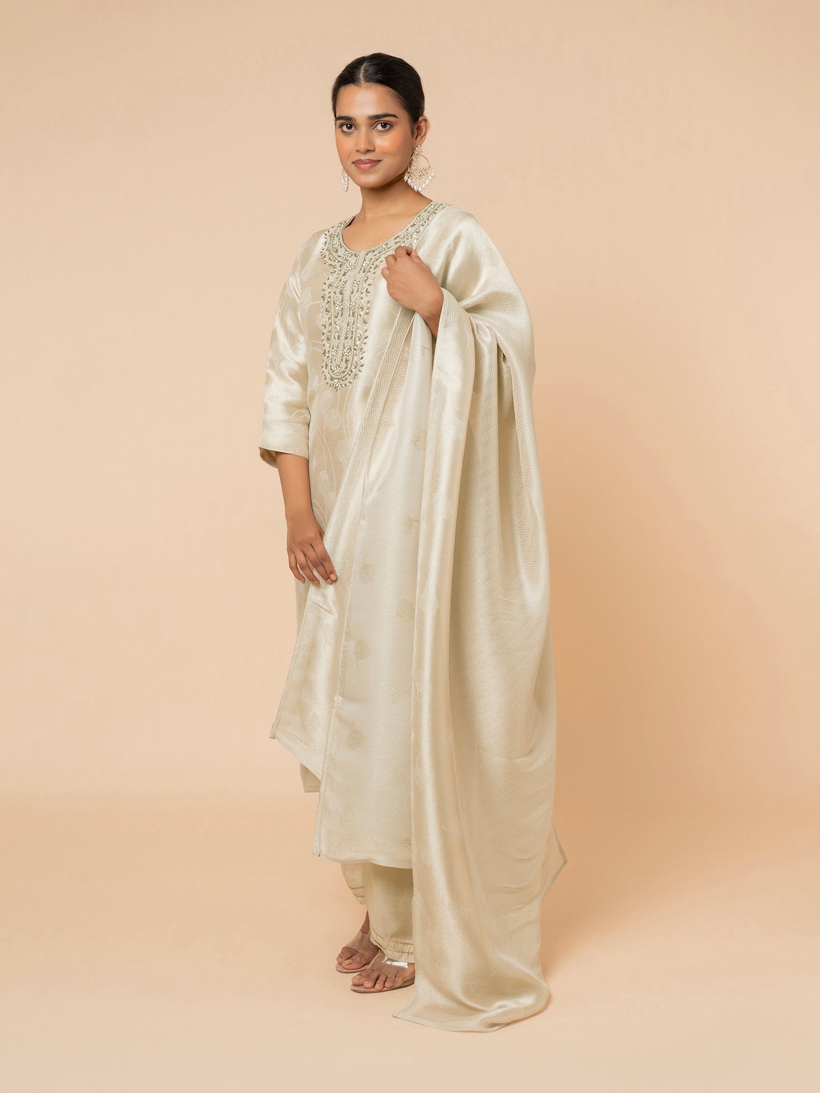 Champagne Silk Suit with Delicate Floral Weaving