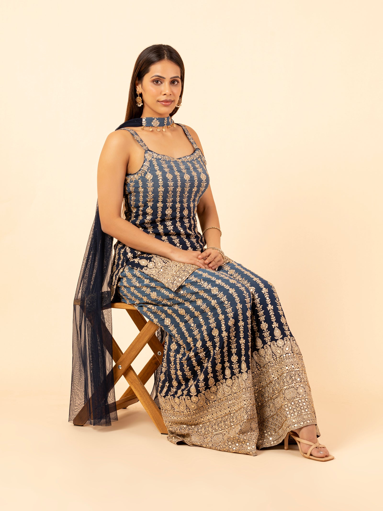 Midnight Blue Gilded Floral Vines Sharara Ensemble