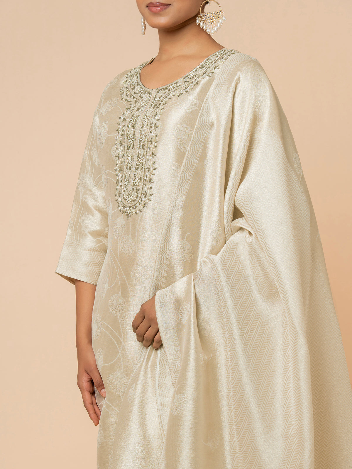 Champagne Silk Suit with Delicate Floral Weaving