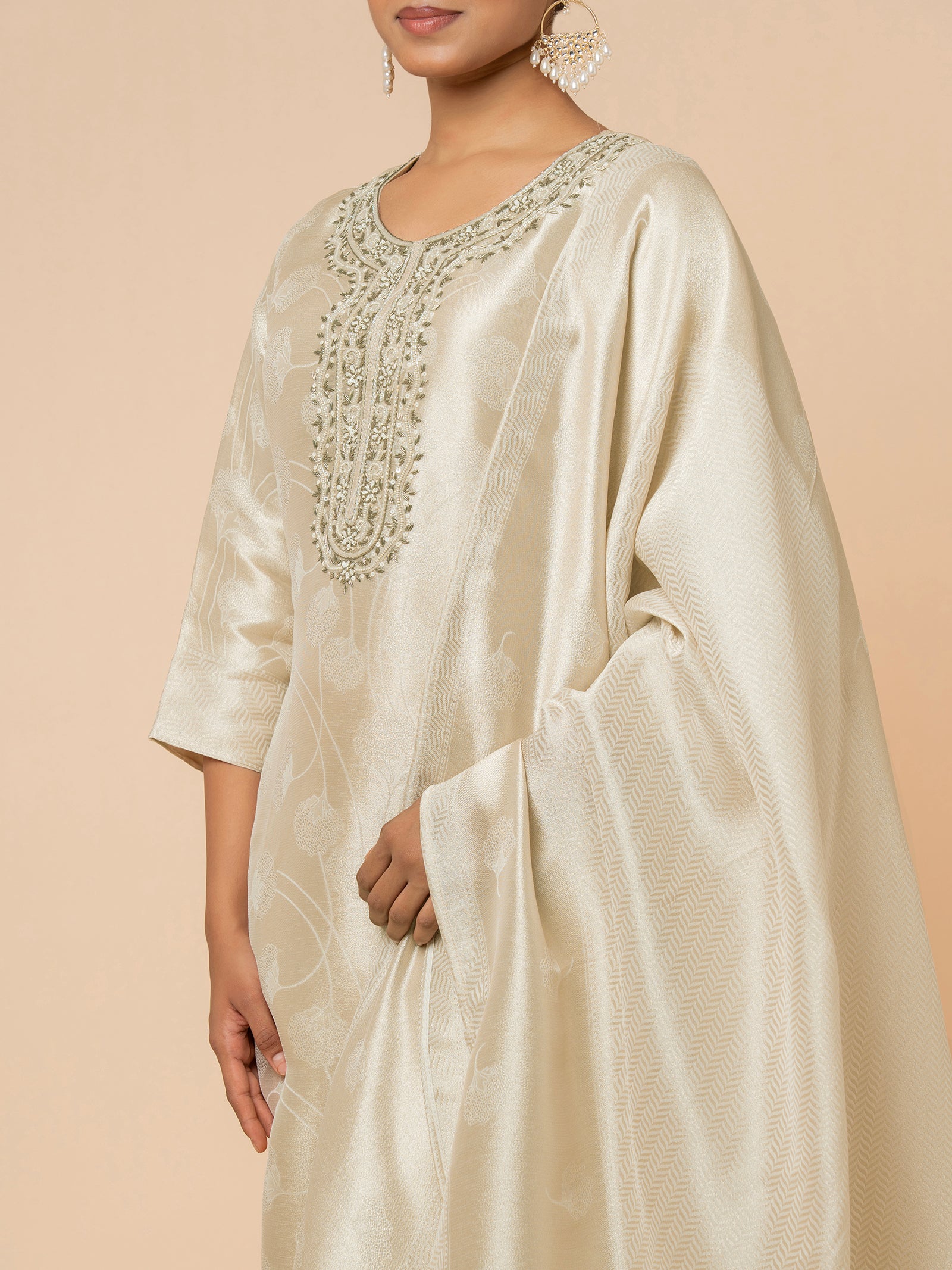 Champagne Silk Suit with Delicate Floral Weaving