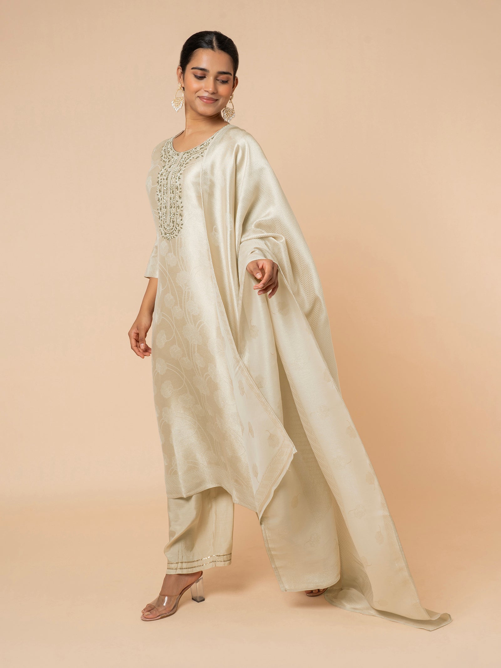 Champagne Silk Suit with Delicate Floral Weaving