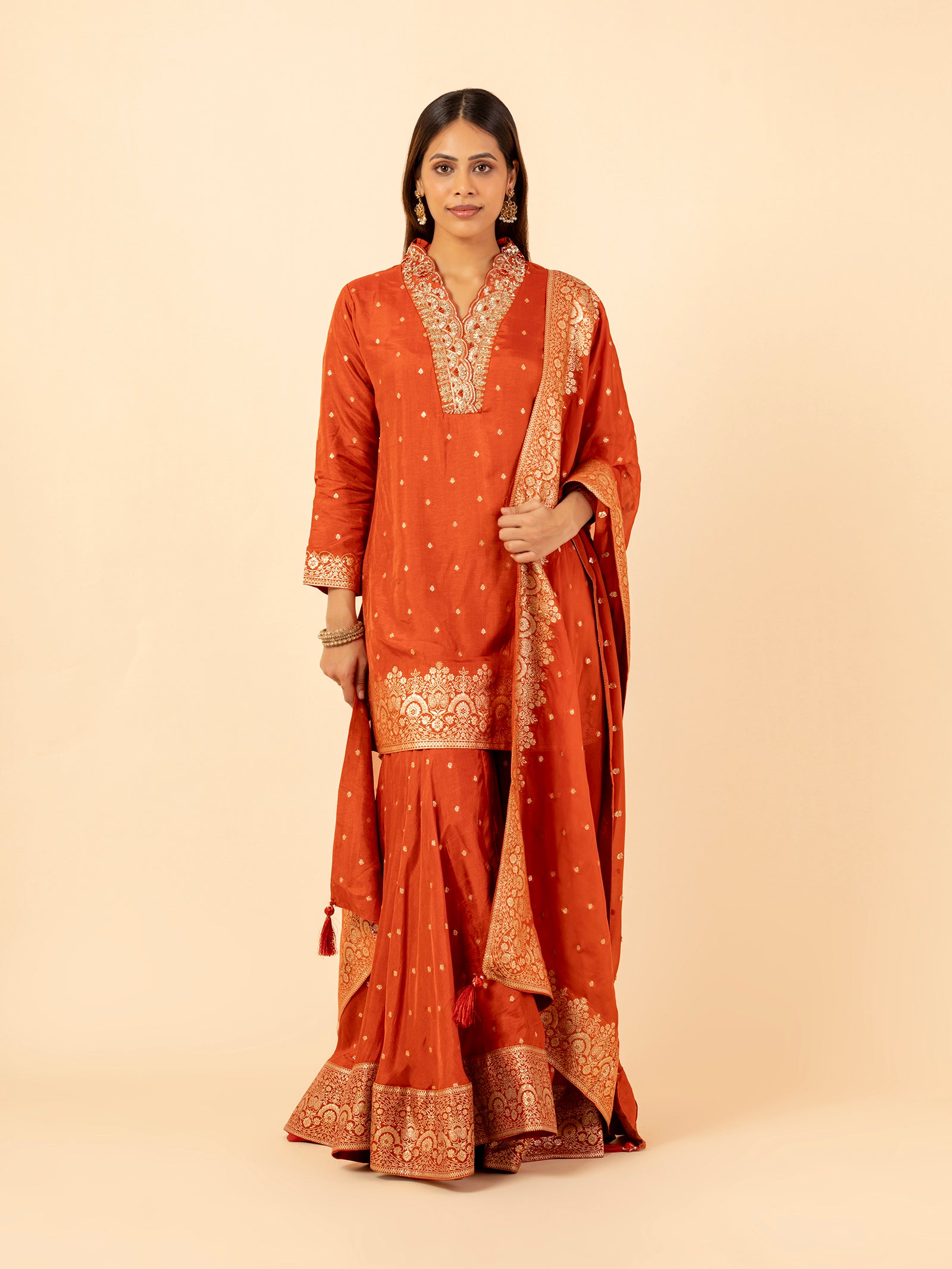 Burnt Orange Banarasi Silk Sharara Ensemble