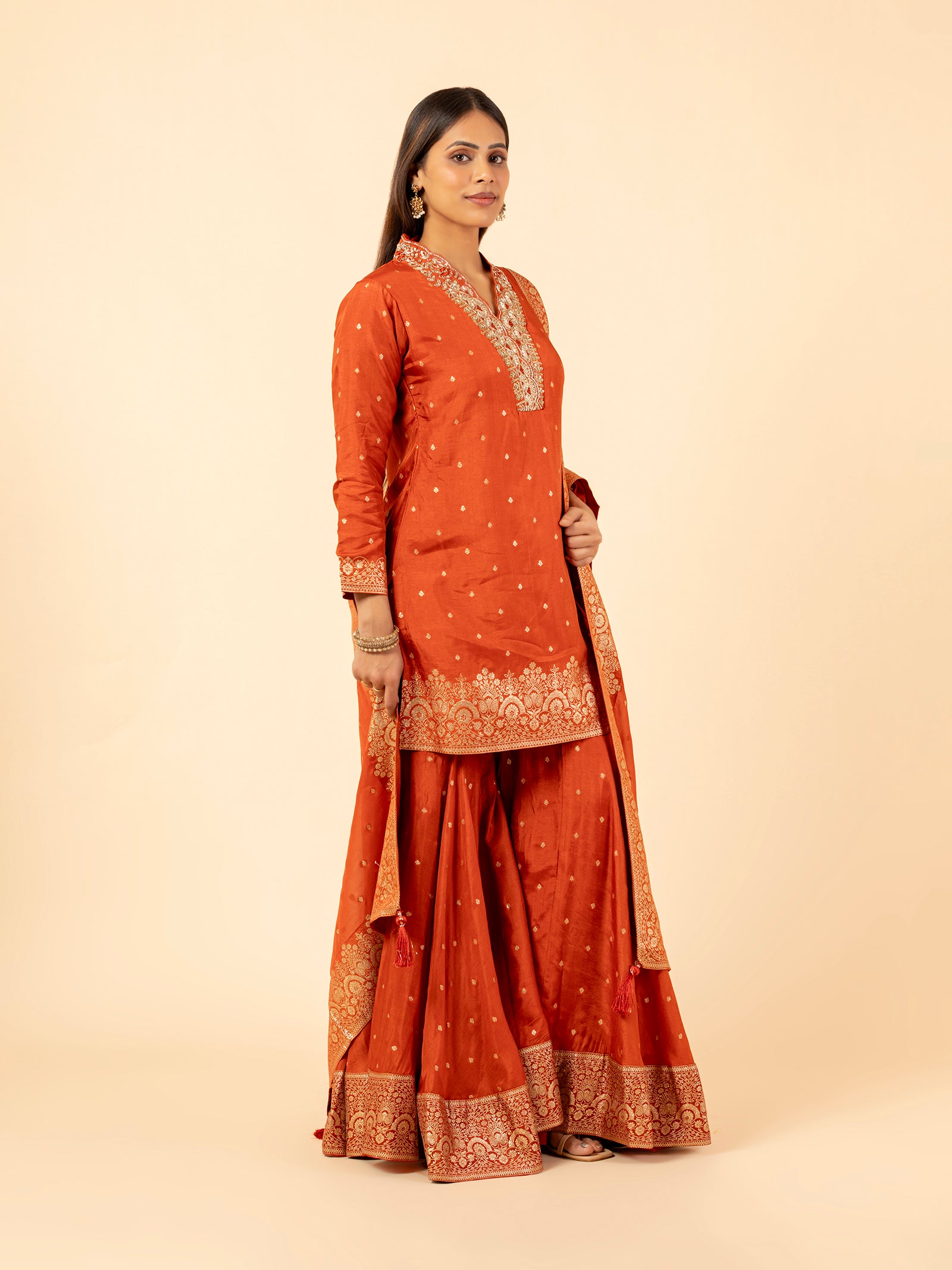 Burnt Orange Banarasi Silk Sharara Ensemble