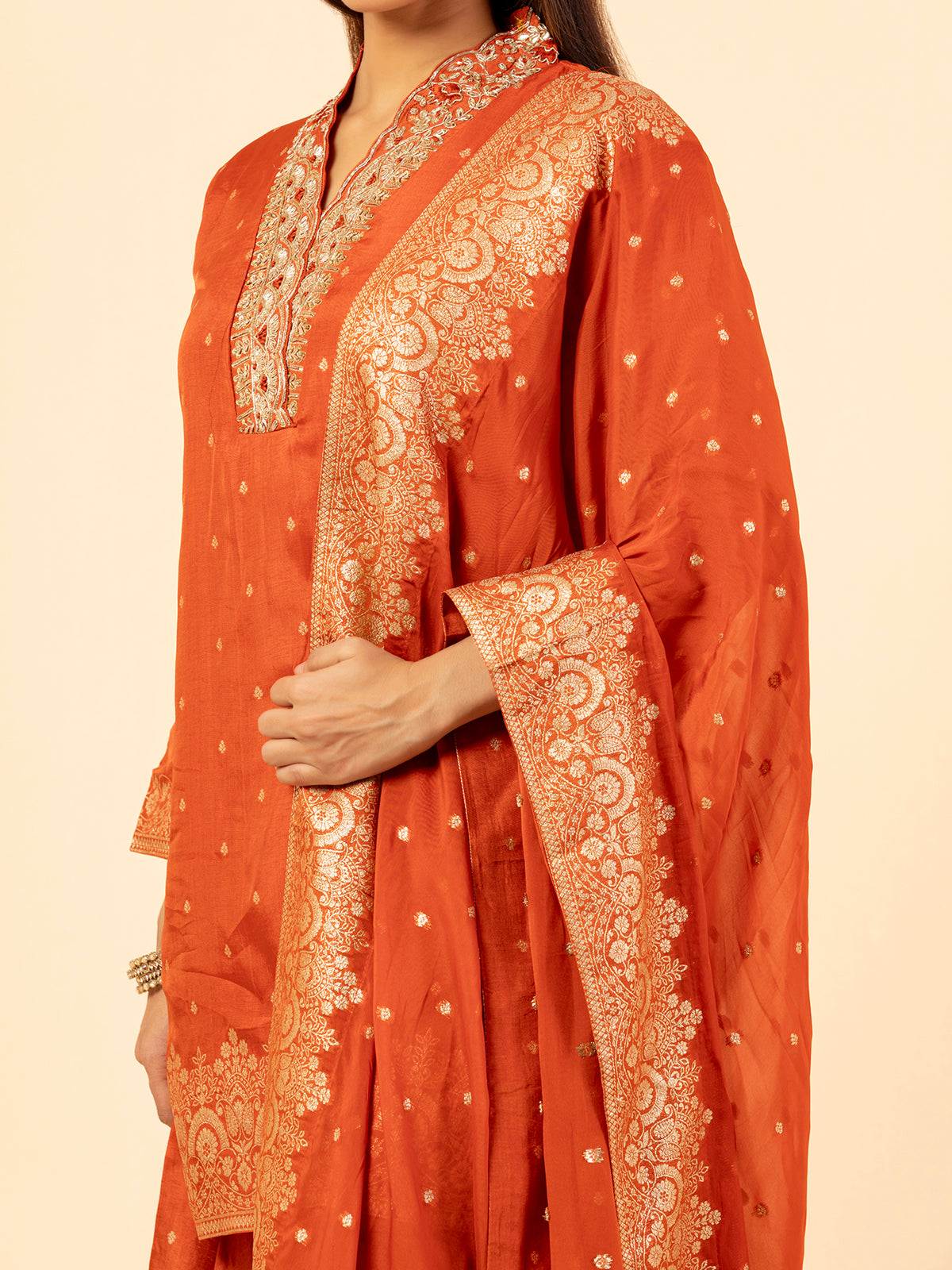 Burnt Orange Banarasi Silk Sharara Ensemble