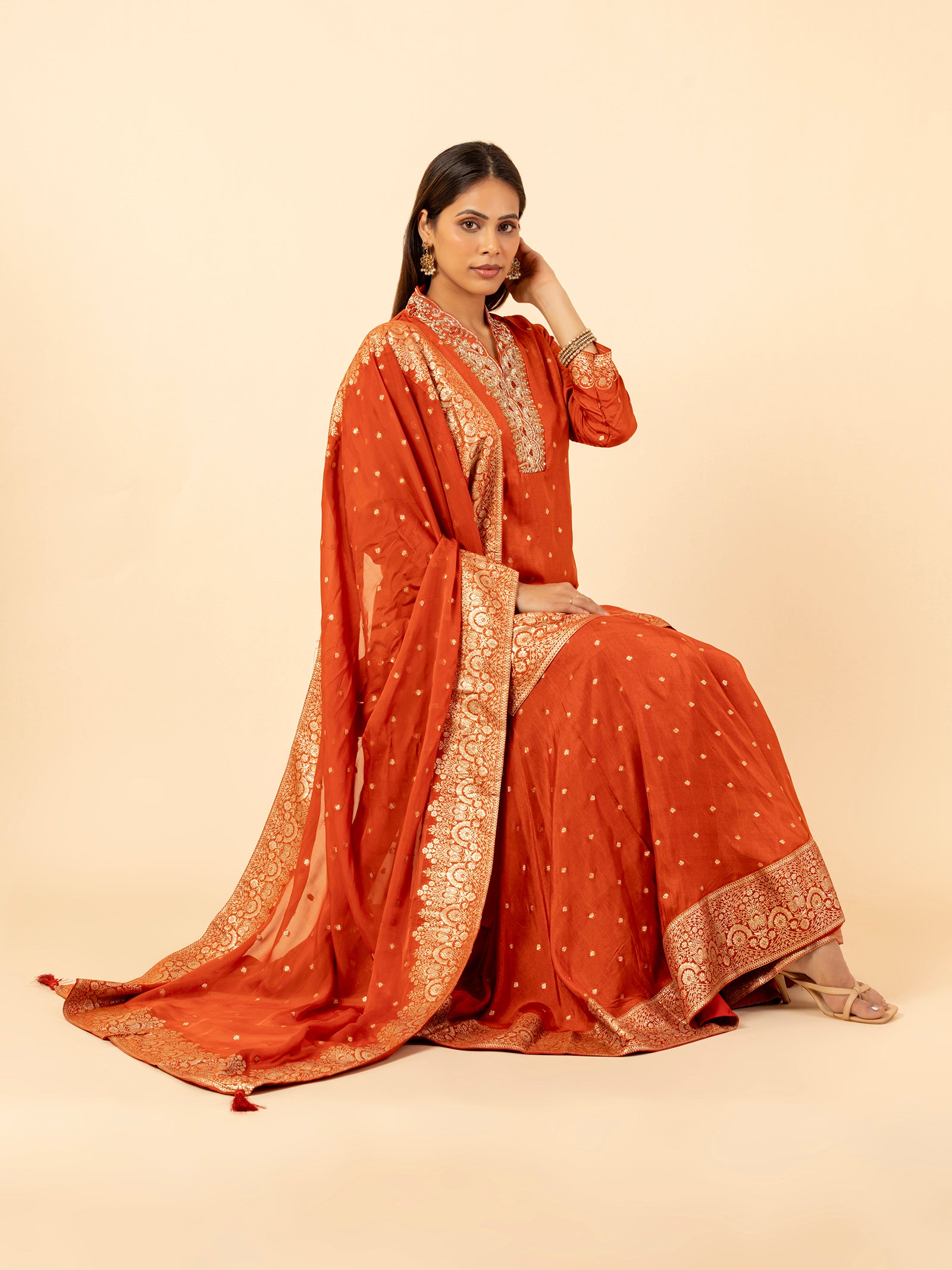 Burnt Orange Banarasi Silk Sharara Ensemble