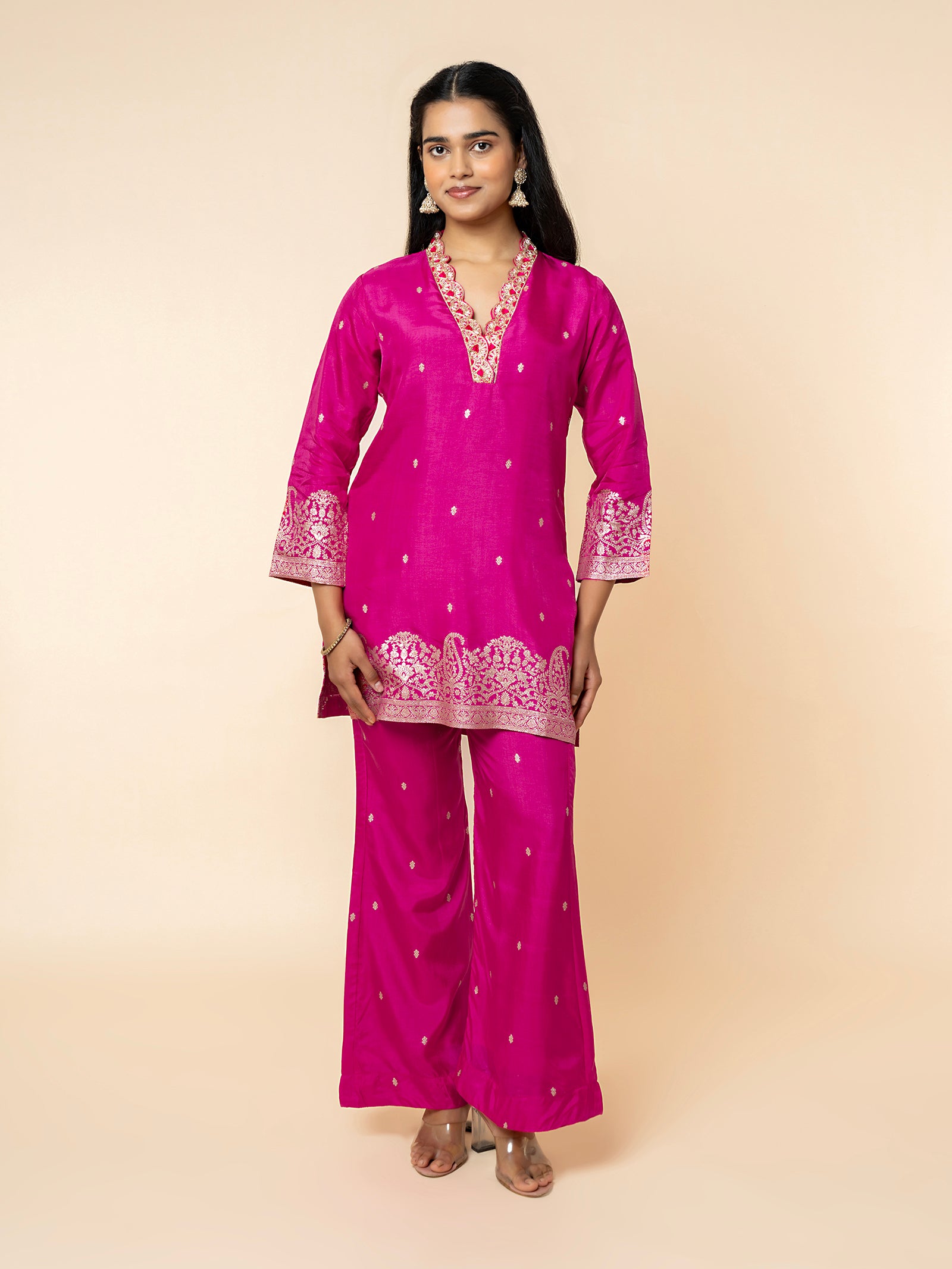 Magenta Silk Co-ord Set with Zari Border & "Buti" Embroidery