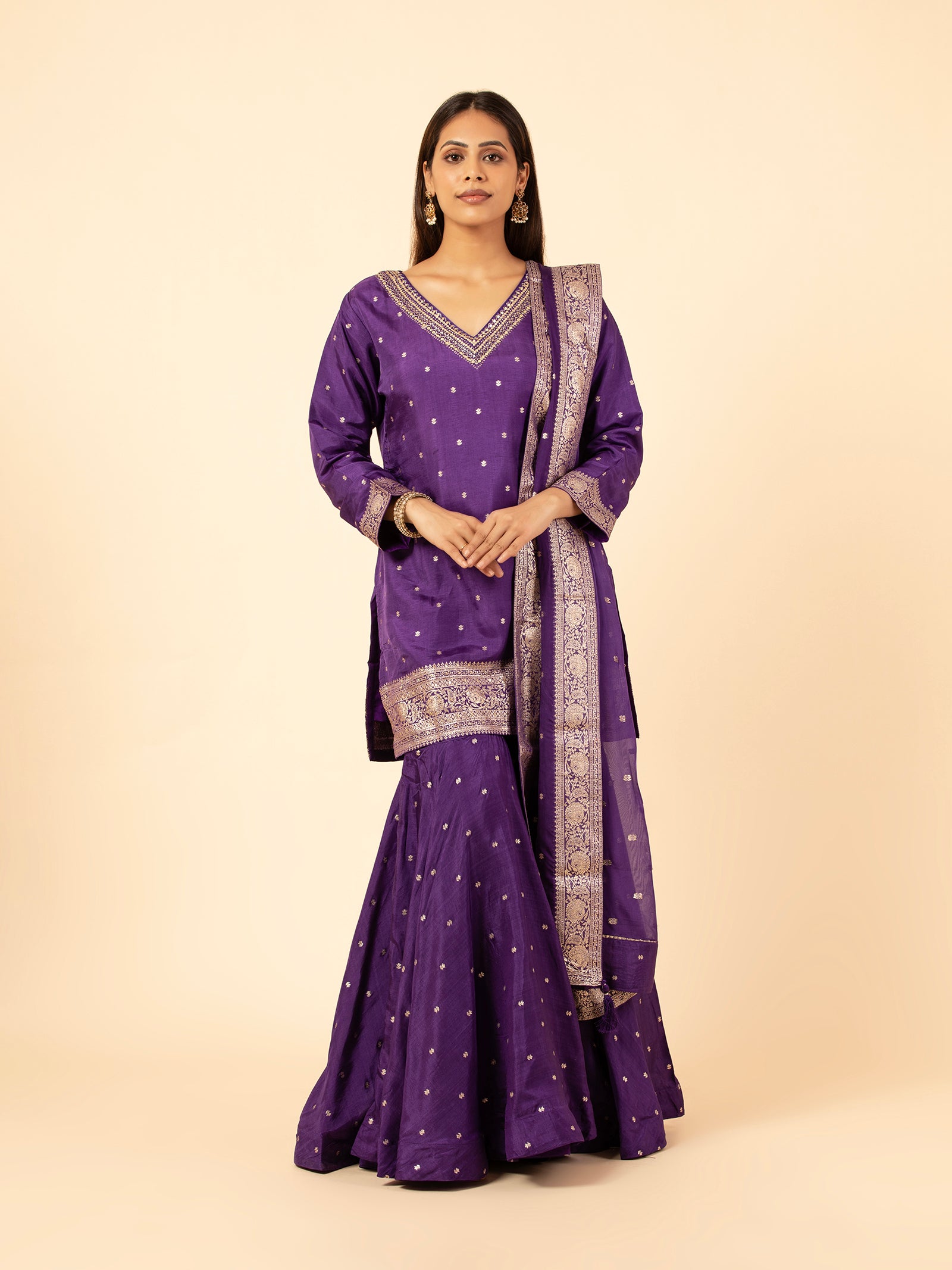 Royal Purple Banarasi Silk Sharara Ensemble