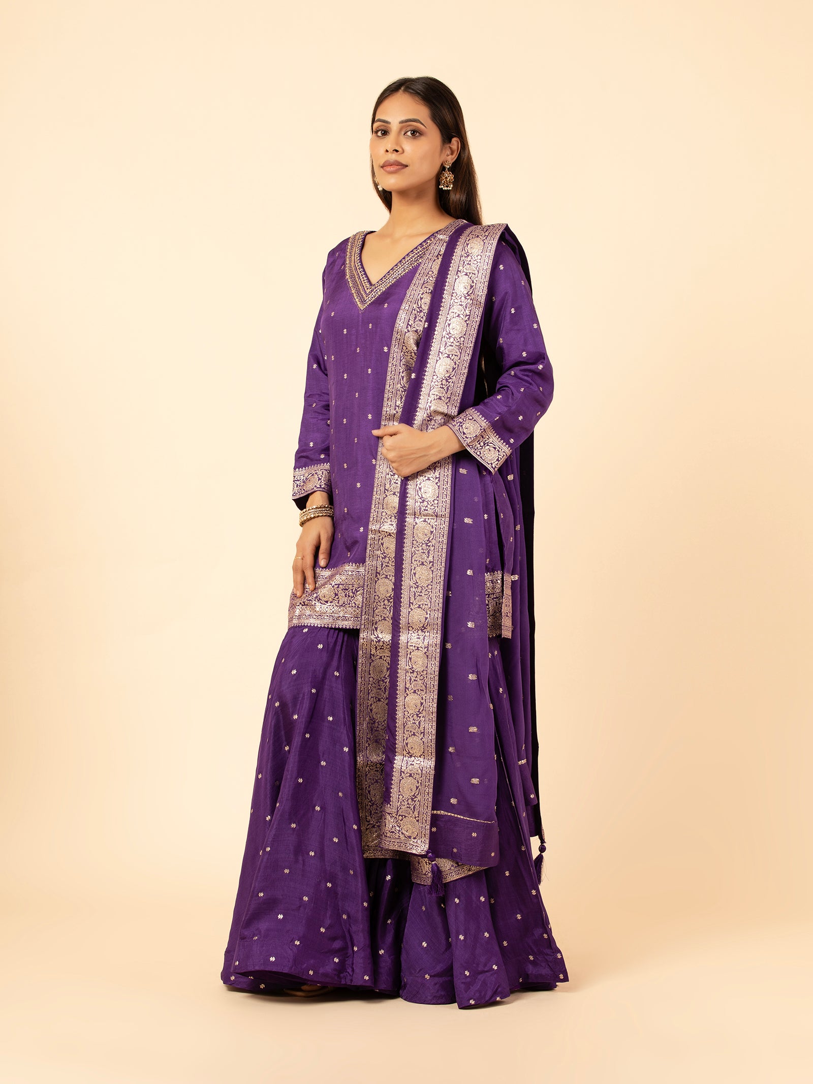 Royal Purple Banarasi Silk Sharara Ensemble