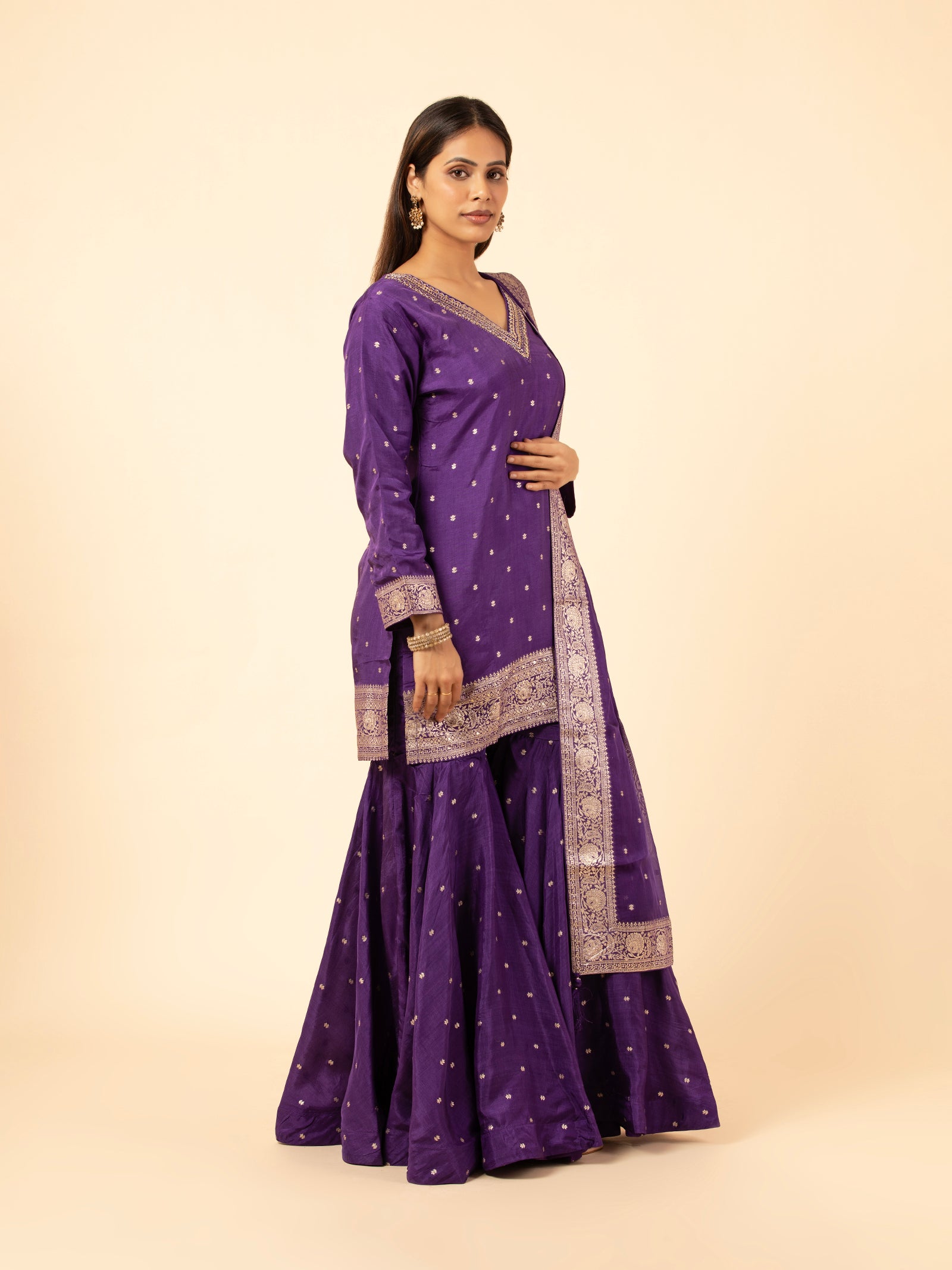 Royal Purple Banarasi Silk Sharara Ensemble