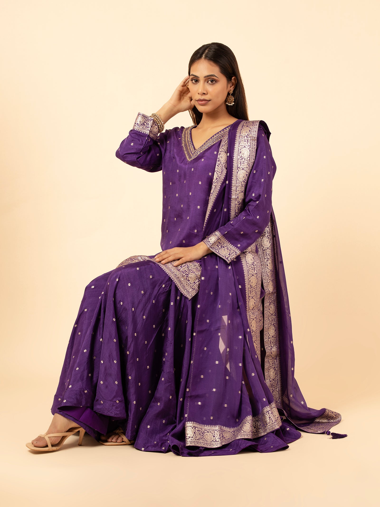 Royal Purple Banarasi Silk Sharara Ensemble