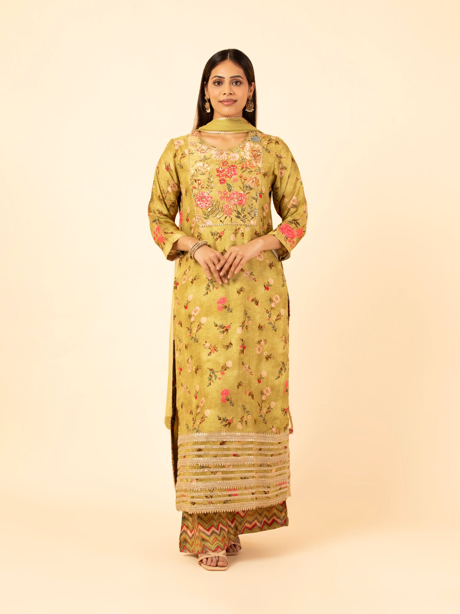 Olive Meadow Floral Silk Ensemble
