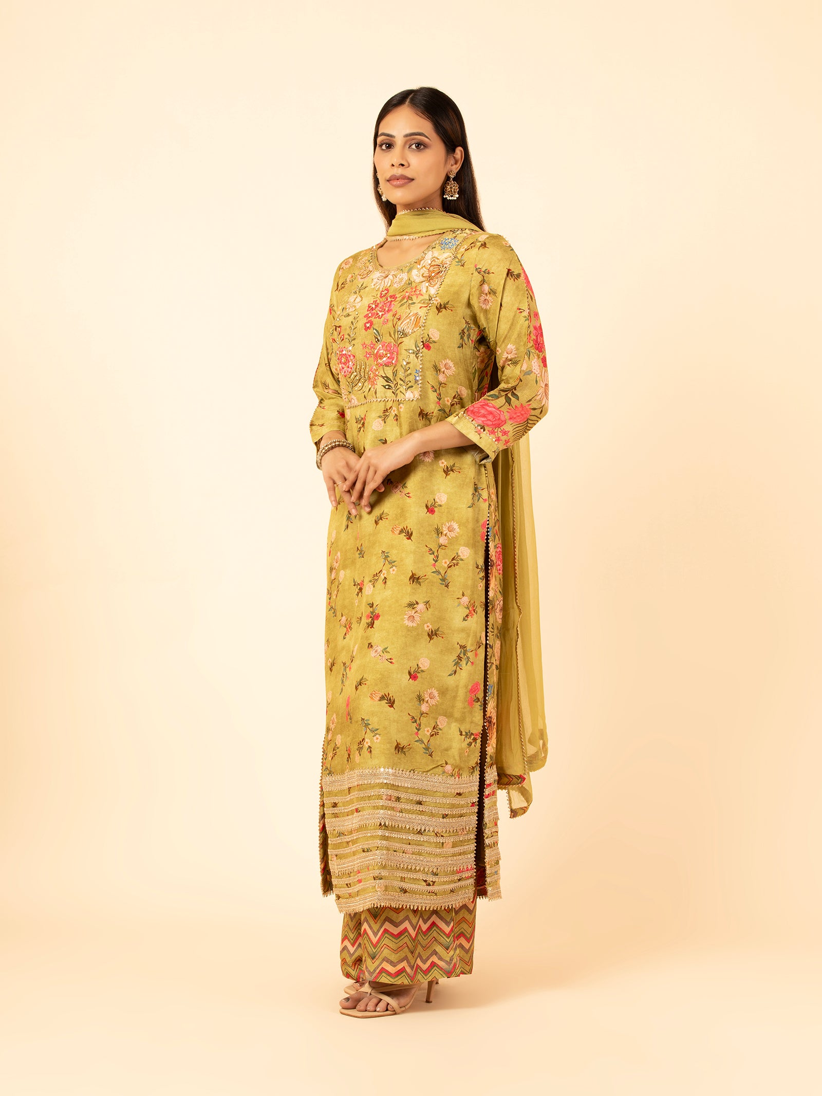 Olive Meadow Floral Silk Ensemble