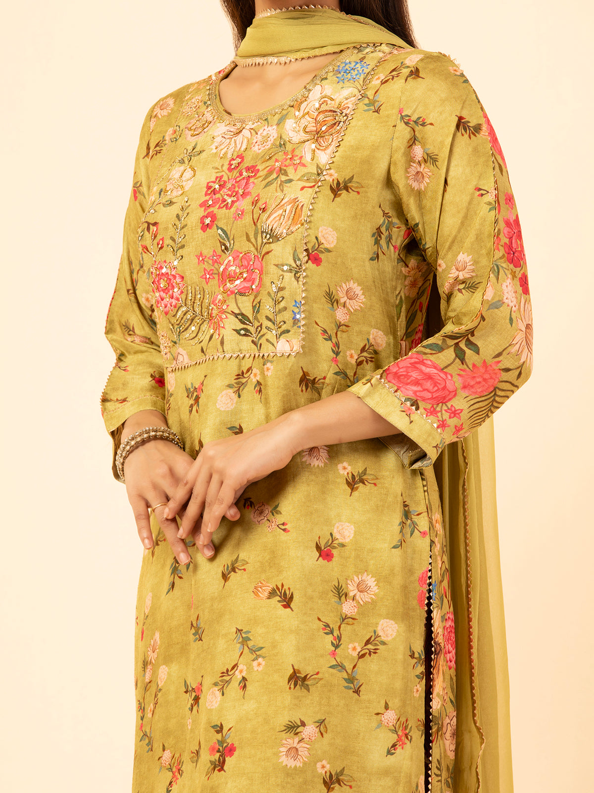 Olive Meadow Floral Silk Ensemble