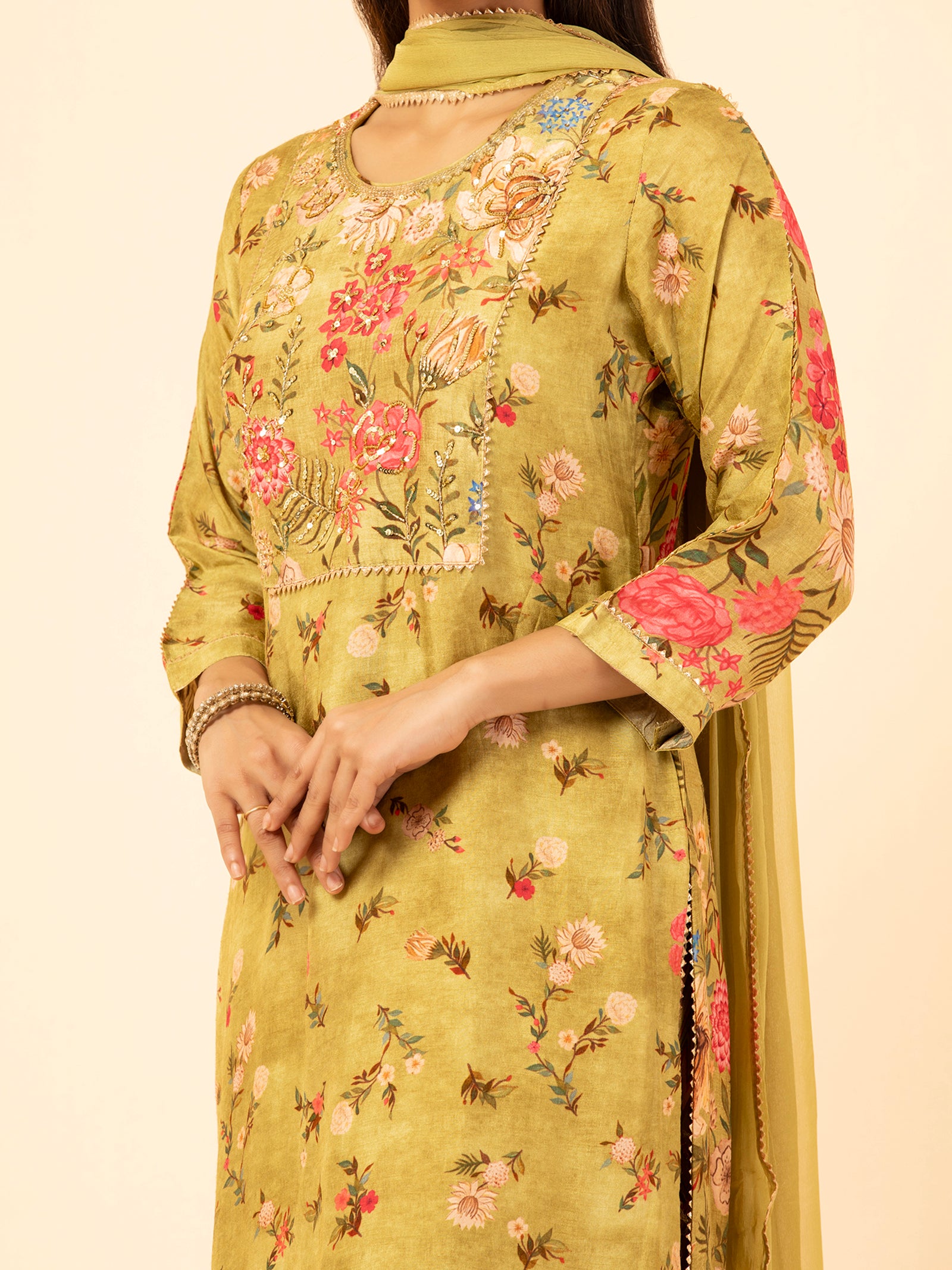 Olive Meadow Floral Silk Ensemble