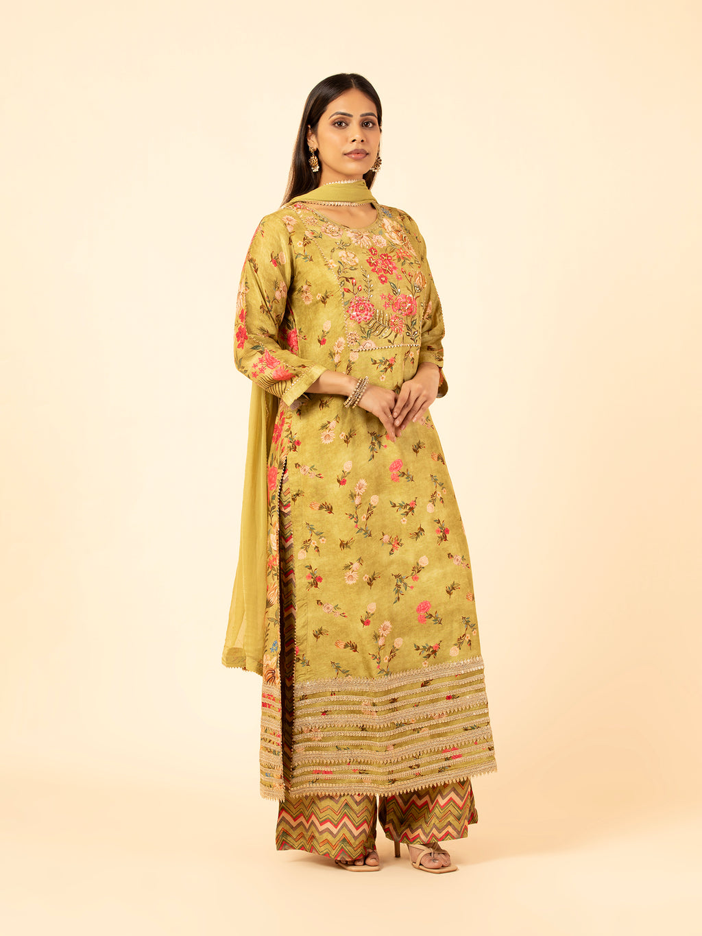 Olive Meadow Floral Silk Ensemble