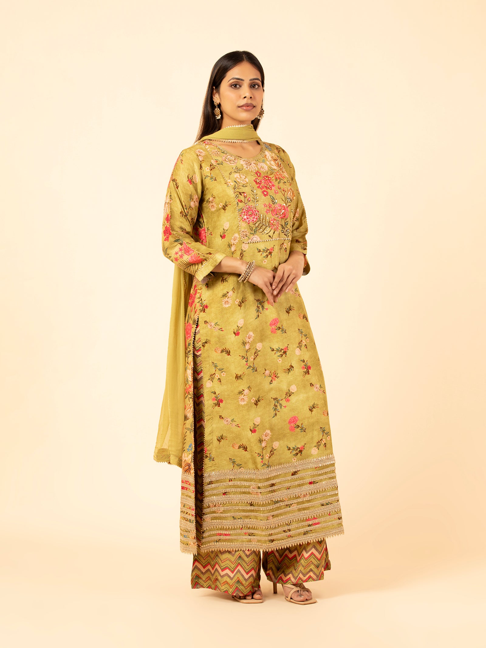 Olive Meadow Floral Silk Ensemble