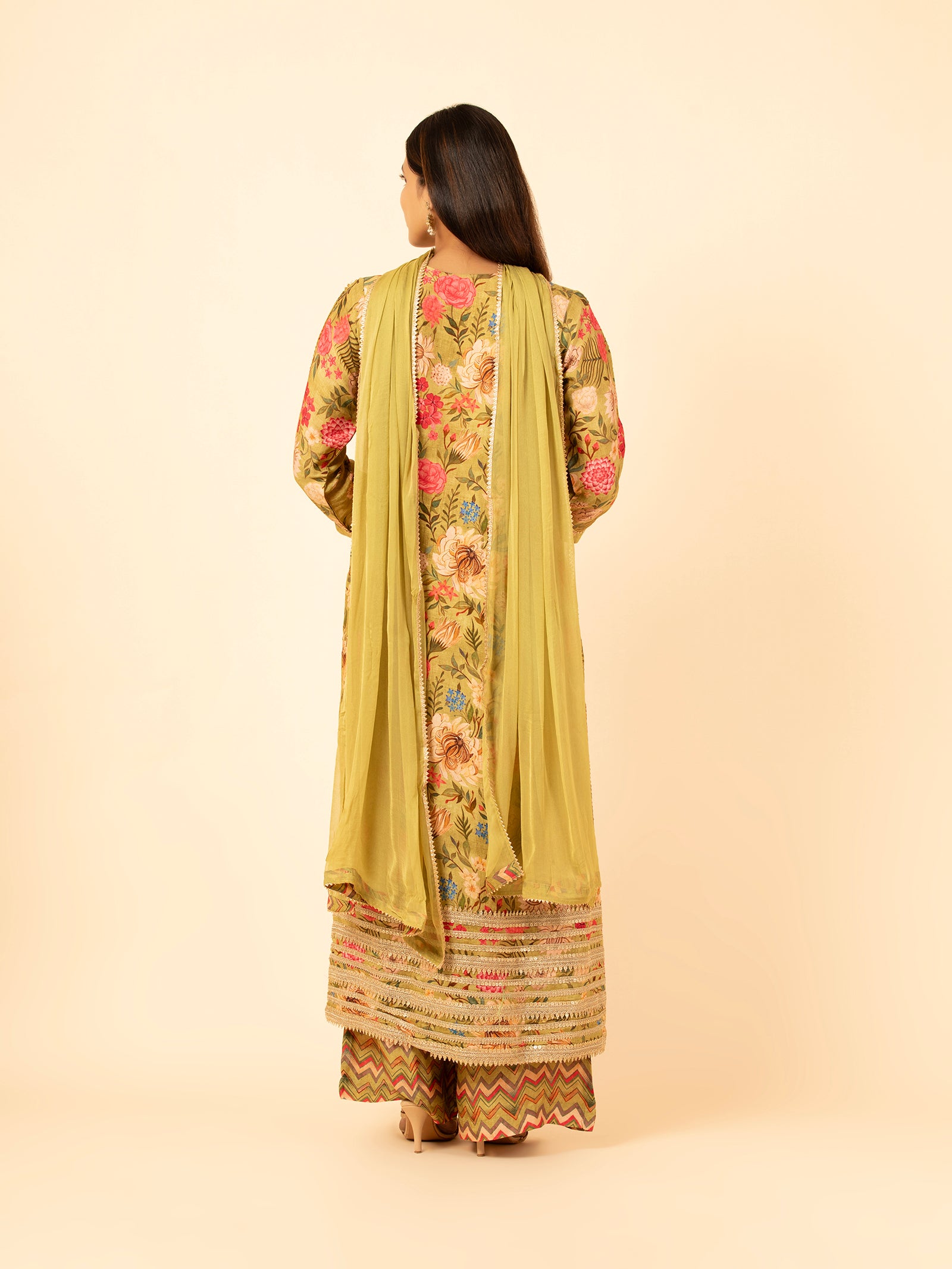 Olive Meadow Floral Silk Ensemble