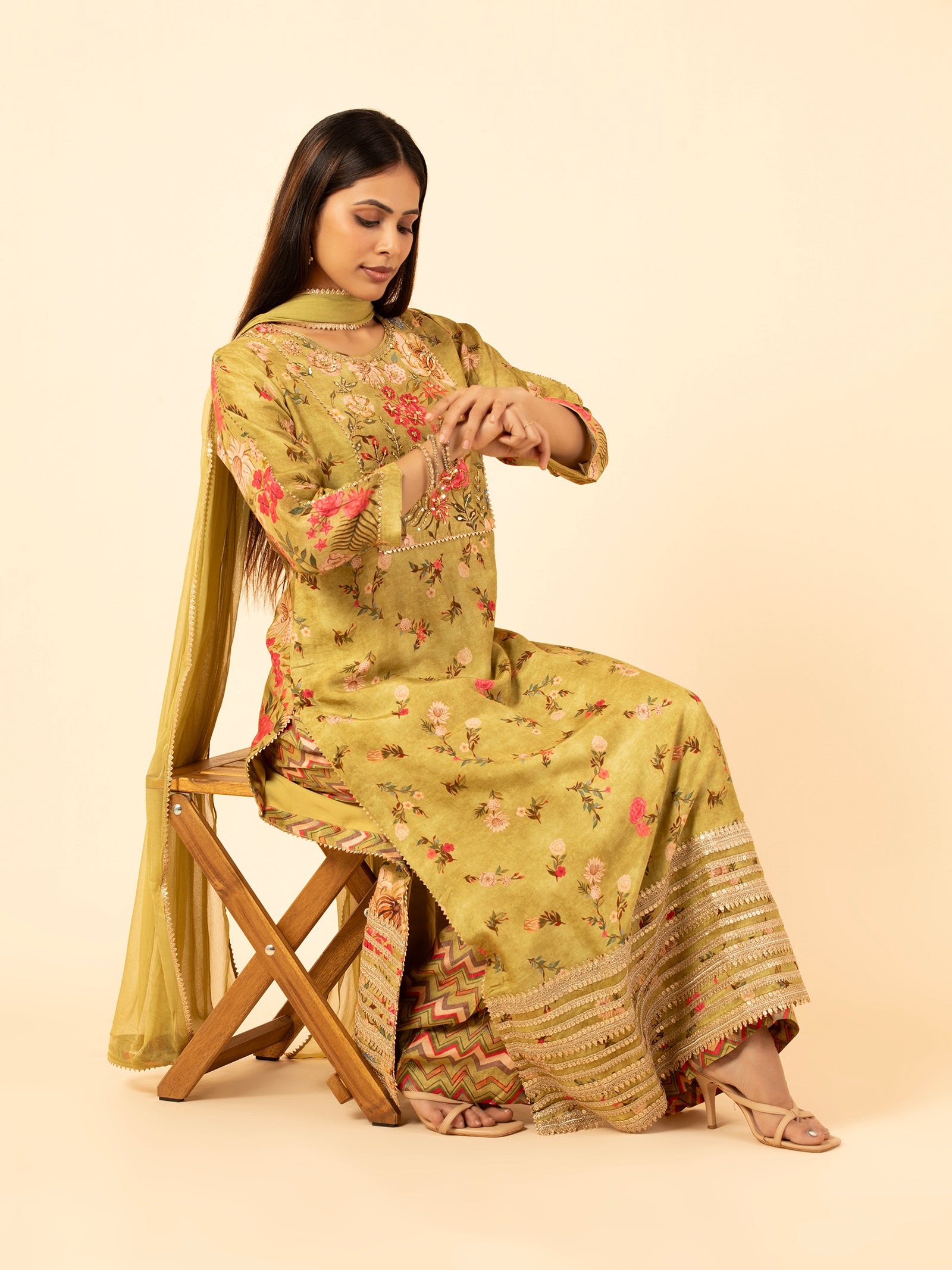 Olive Meadow Floral Silk Ensemble