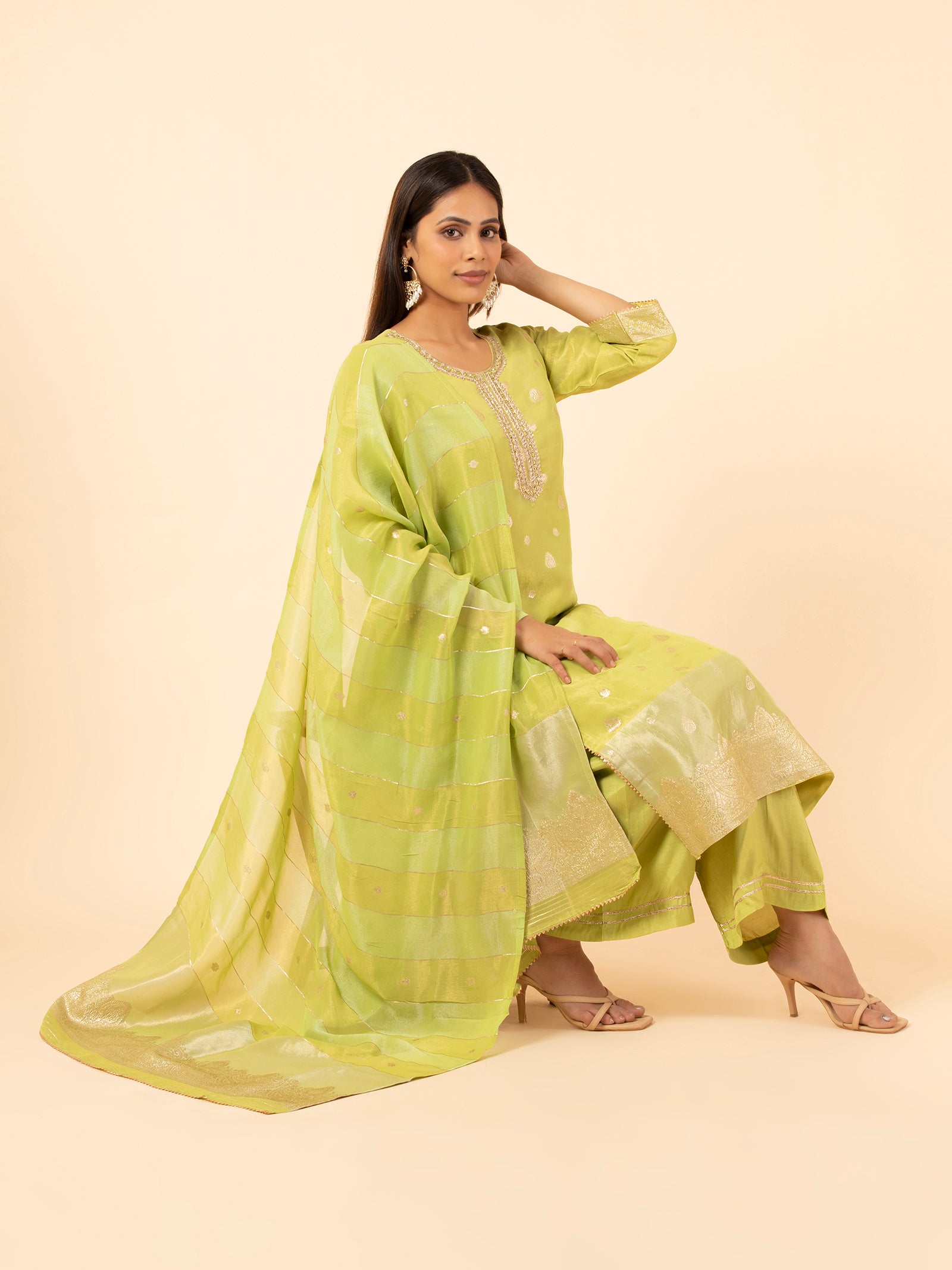 Pistachio Gilded Silk Trousers Set