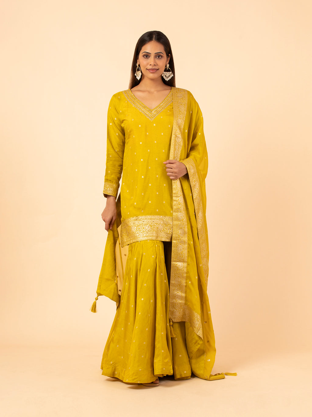 Golden Mustard Banarasi Silk Sharara Ensemble