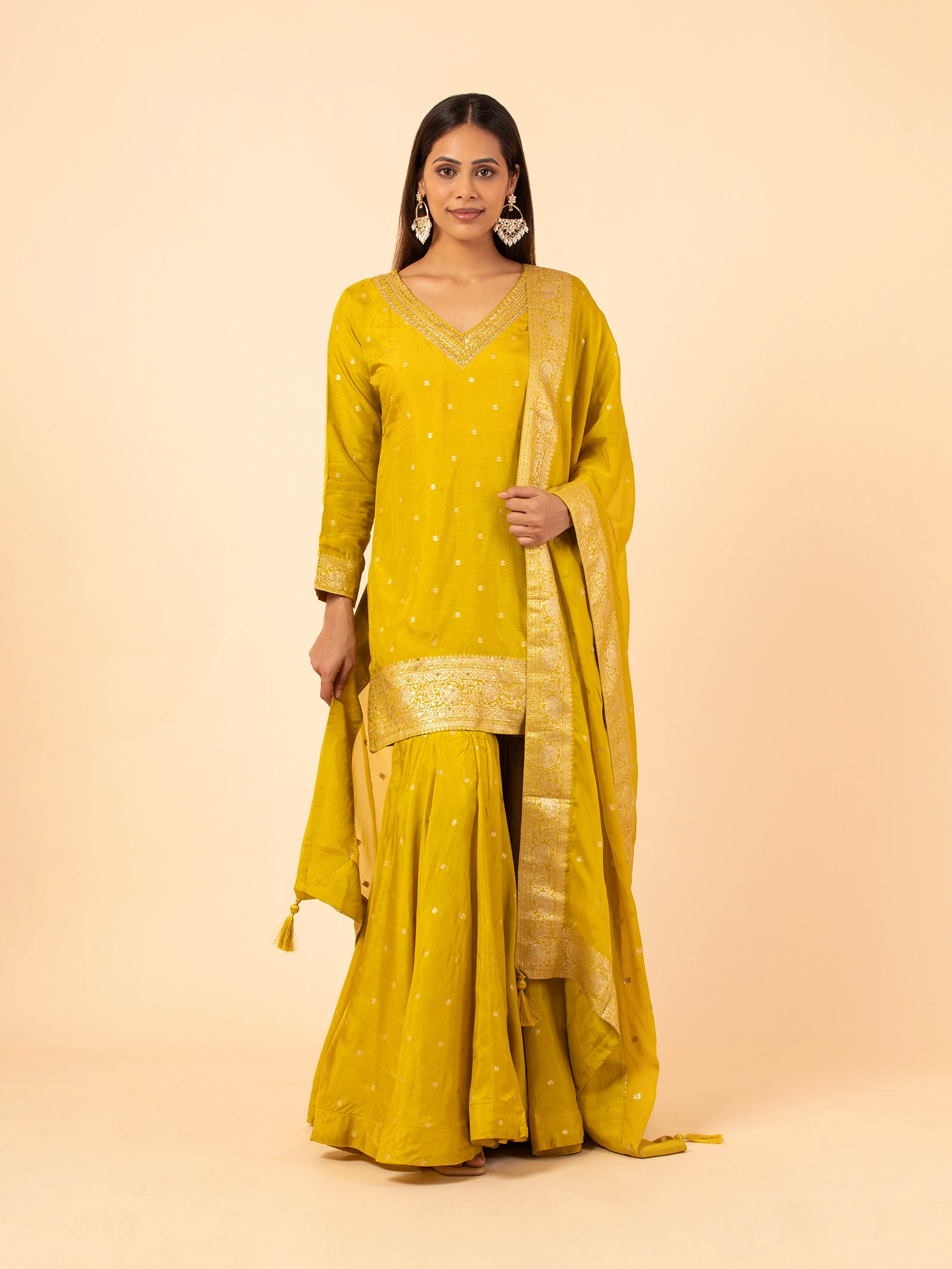 Golden Mustard Banarasi Silk Sharara Ensemble
