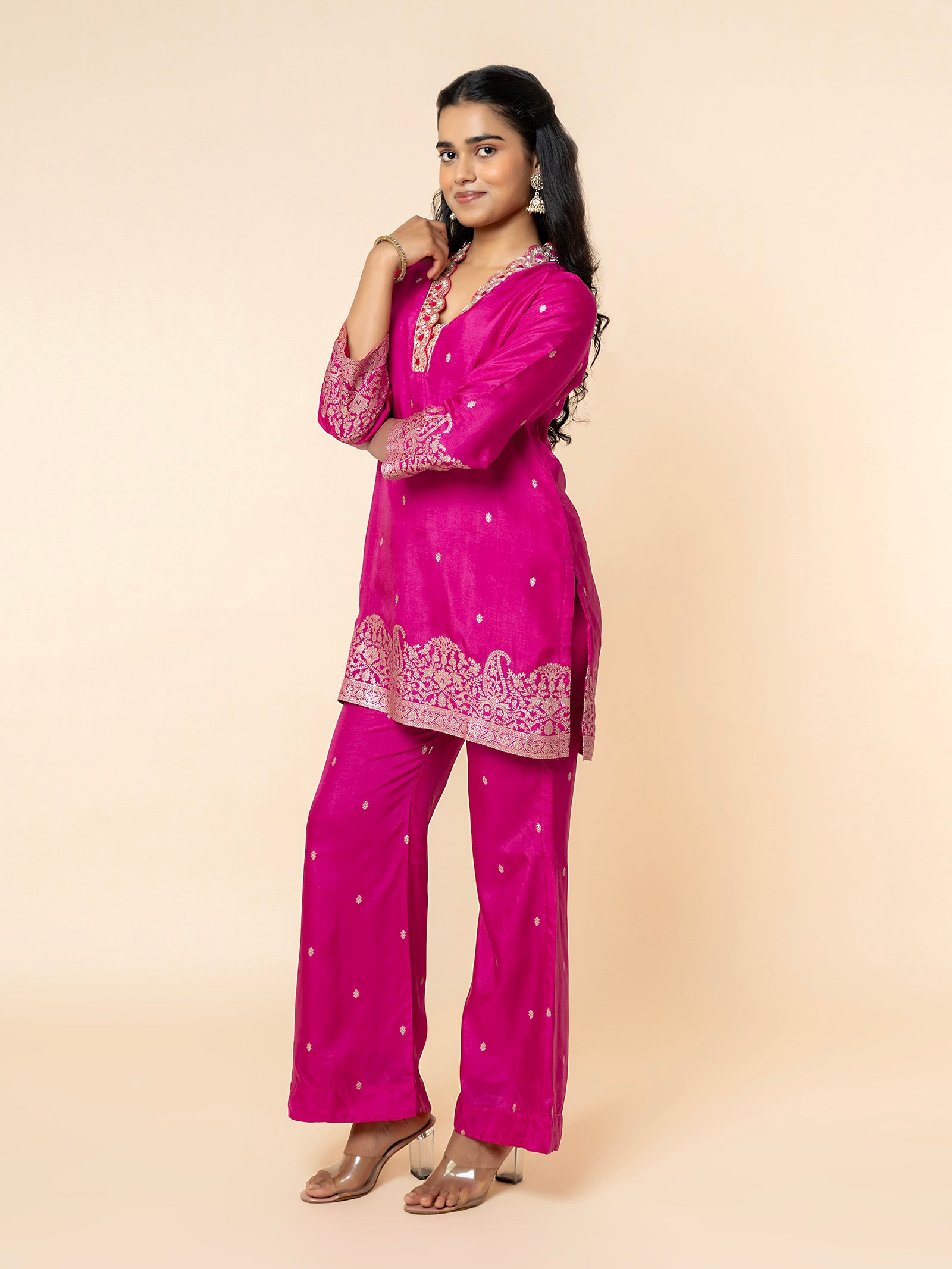 Magenta Silk Co-ord Set with Zari Border & "Buti" Embroidery
