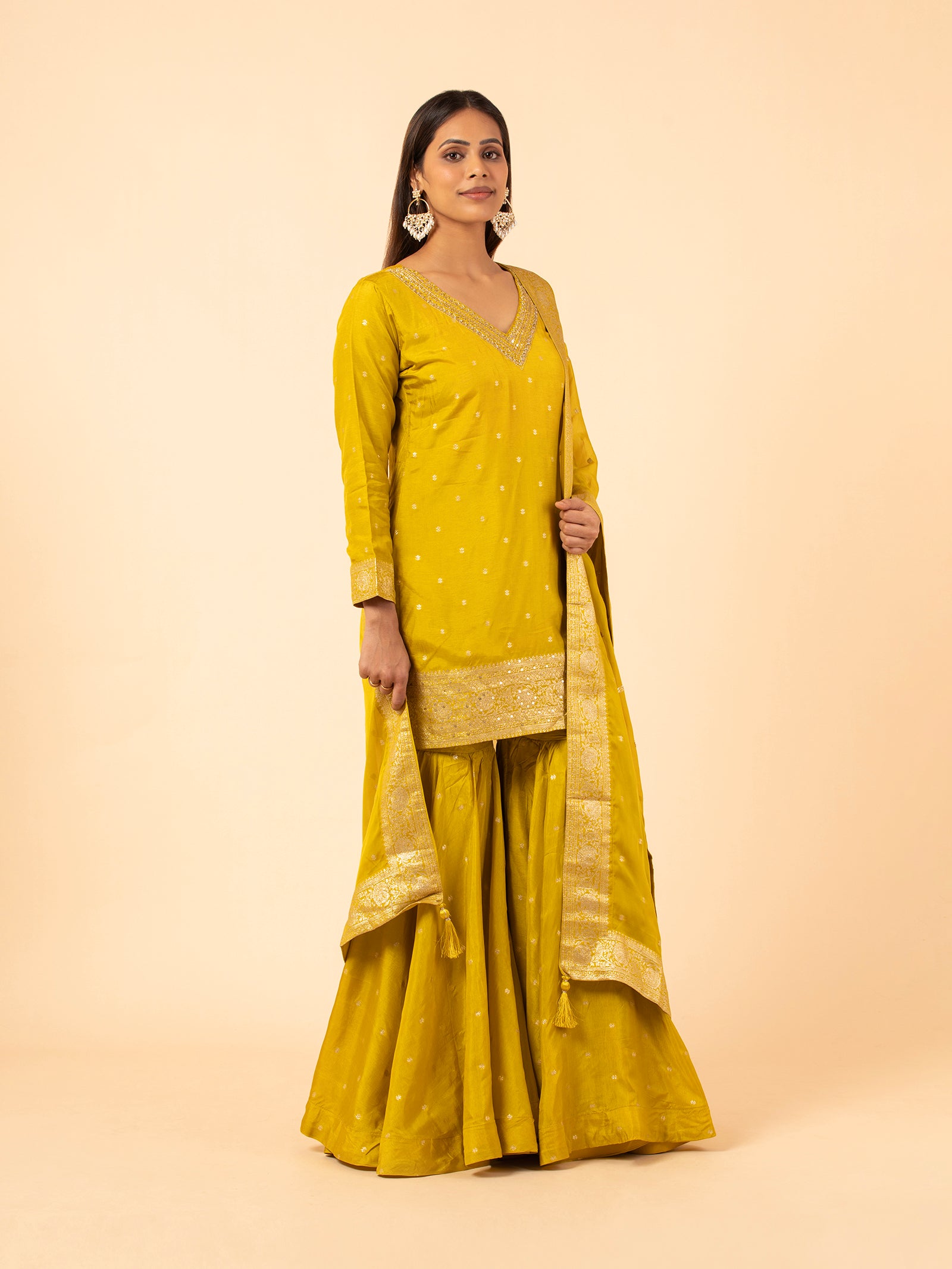 Golden Mustard Banarasi Silk Sharara Ensemble