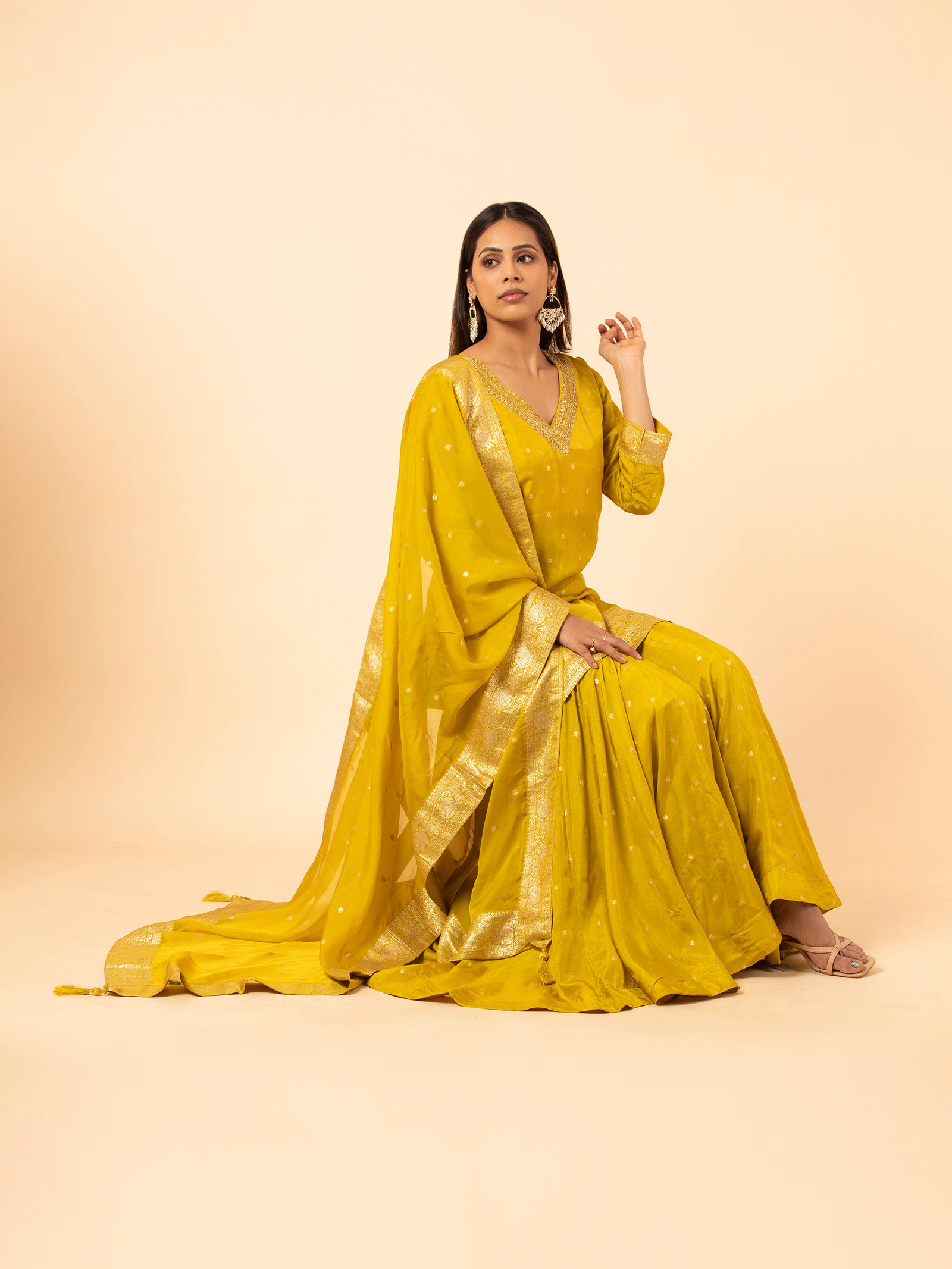 Golden Mustard Banarasi Silk Sharara Ensemble