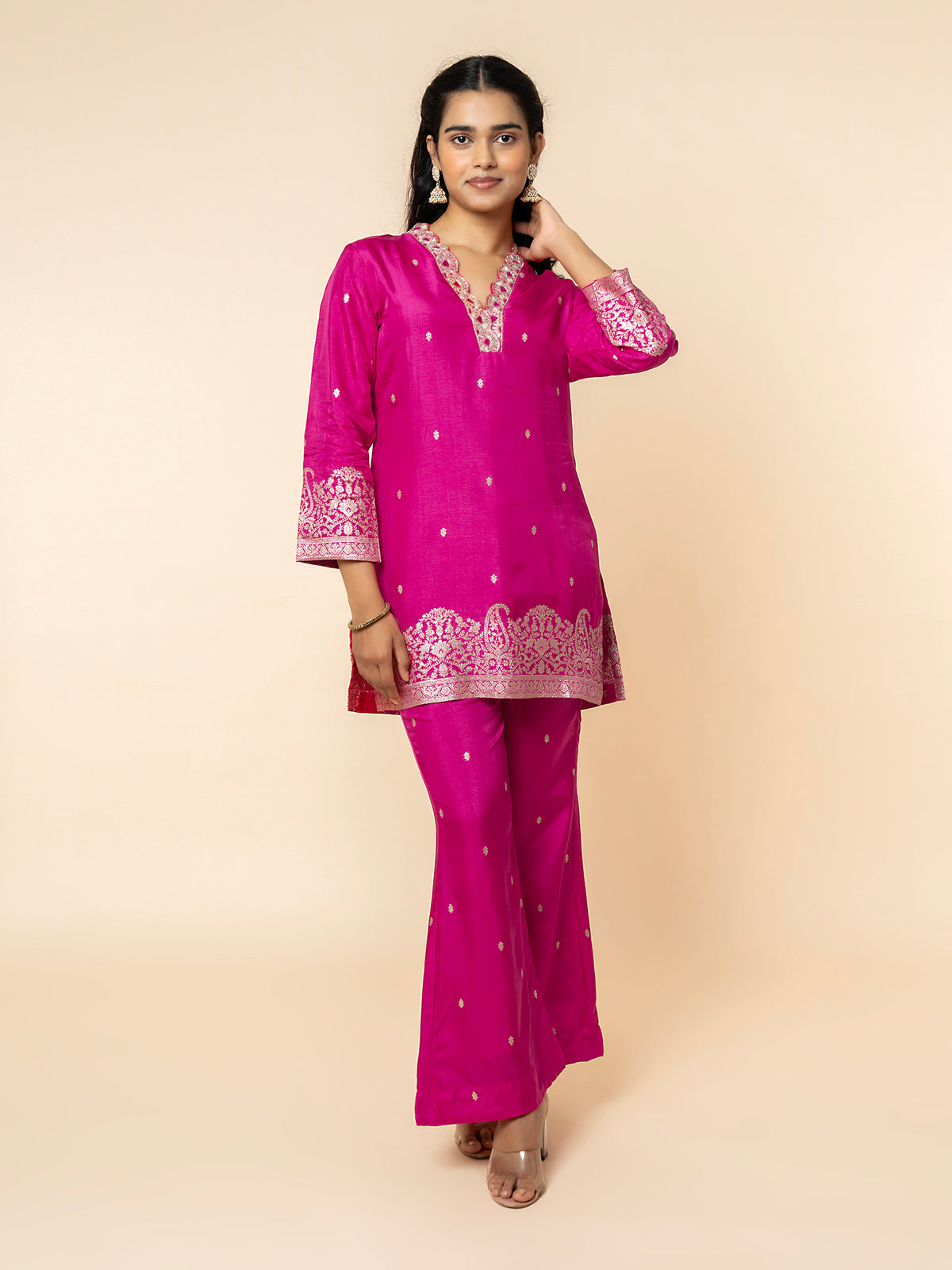Magenta Silk Co-ord Set with Zari Border & "Buti" Embroidery