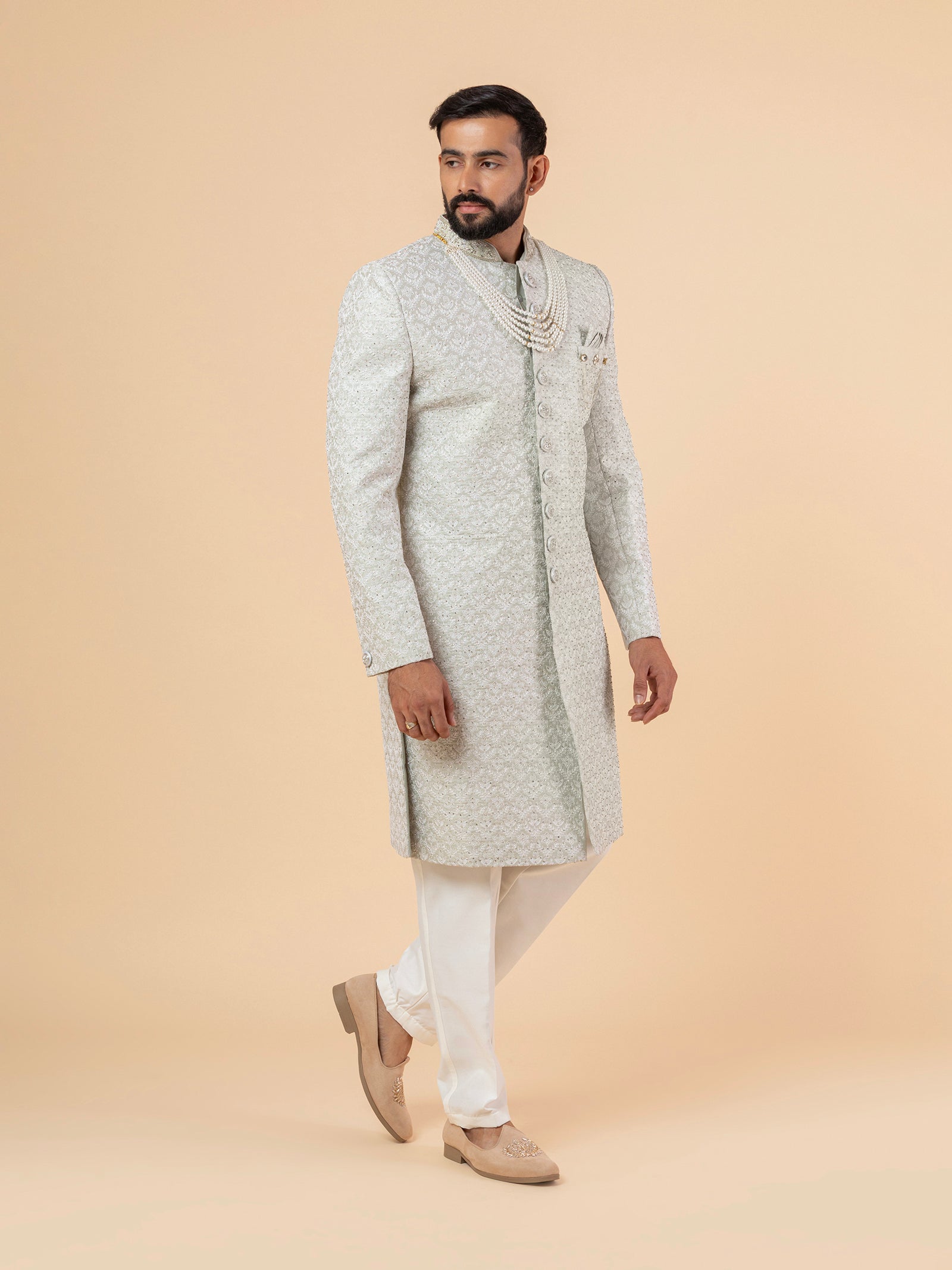 Sage Grey Minimalist Embroidered Sherwani