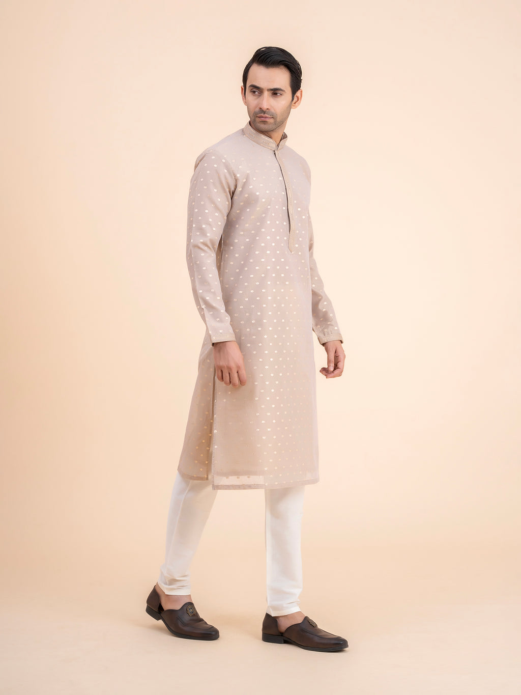 Beige Woven Kurta Set