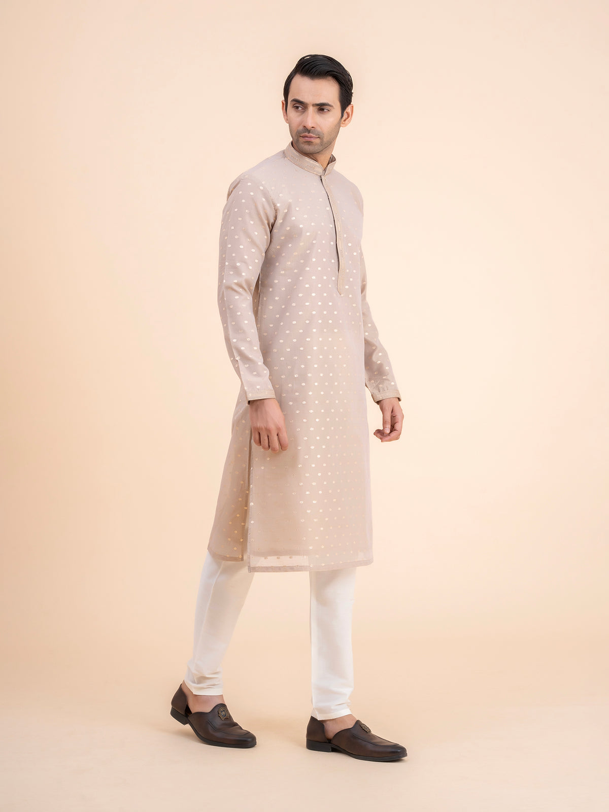 Beige Woven Kurta Set
