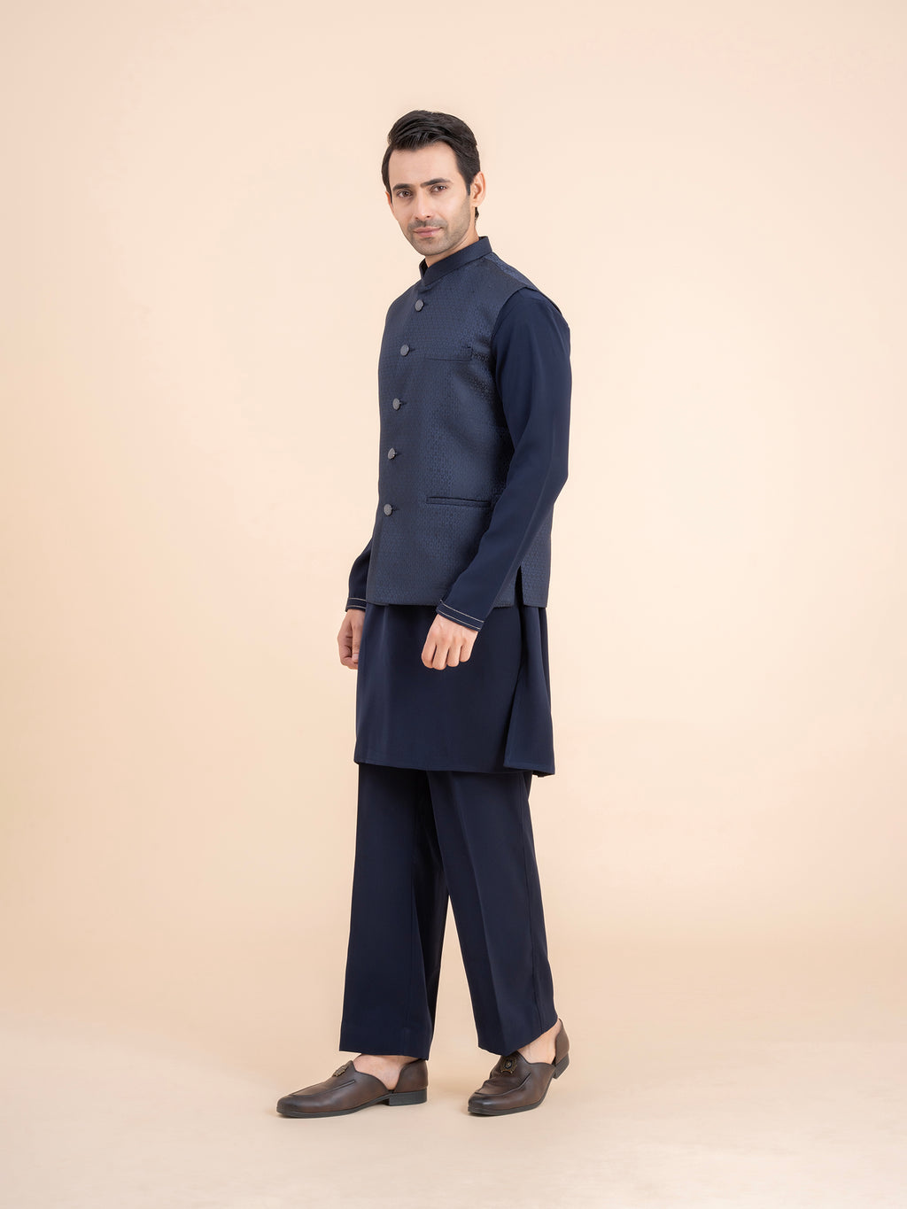 Dark Navy Textured Nehru Jacket