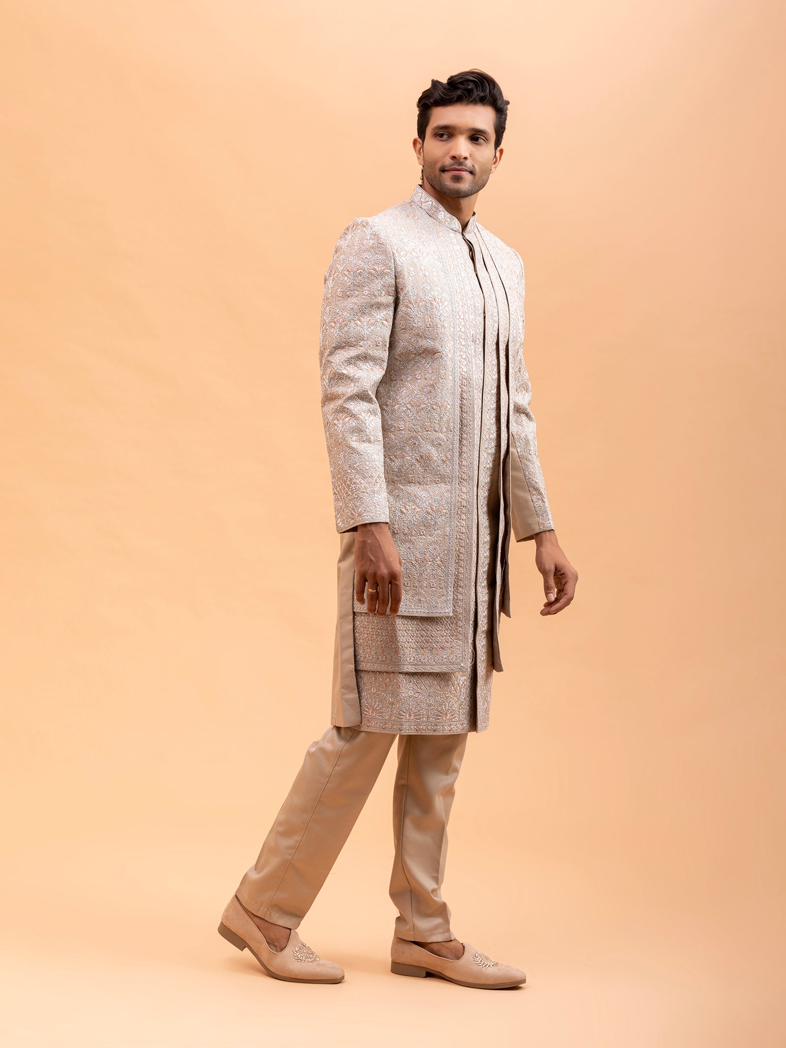 Beige Floral Embroidered Sherwani Set