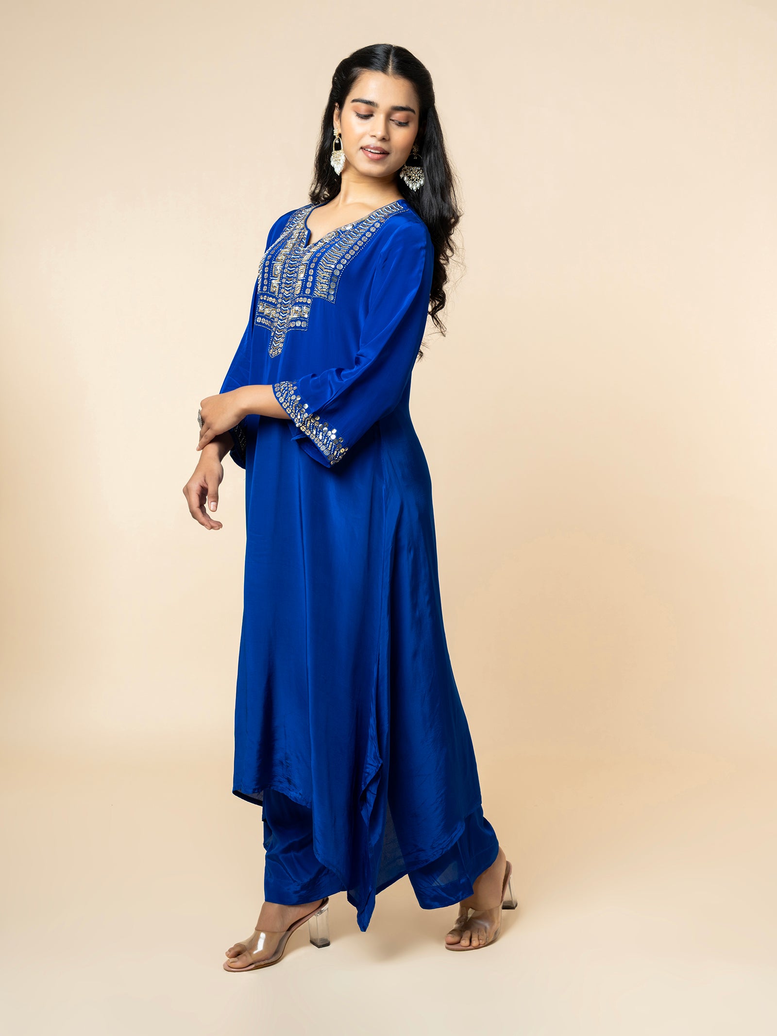 Royal Blue Silk Co-ord Set with Geometric Sequin Work