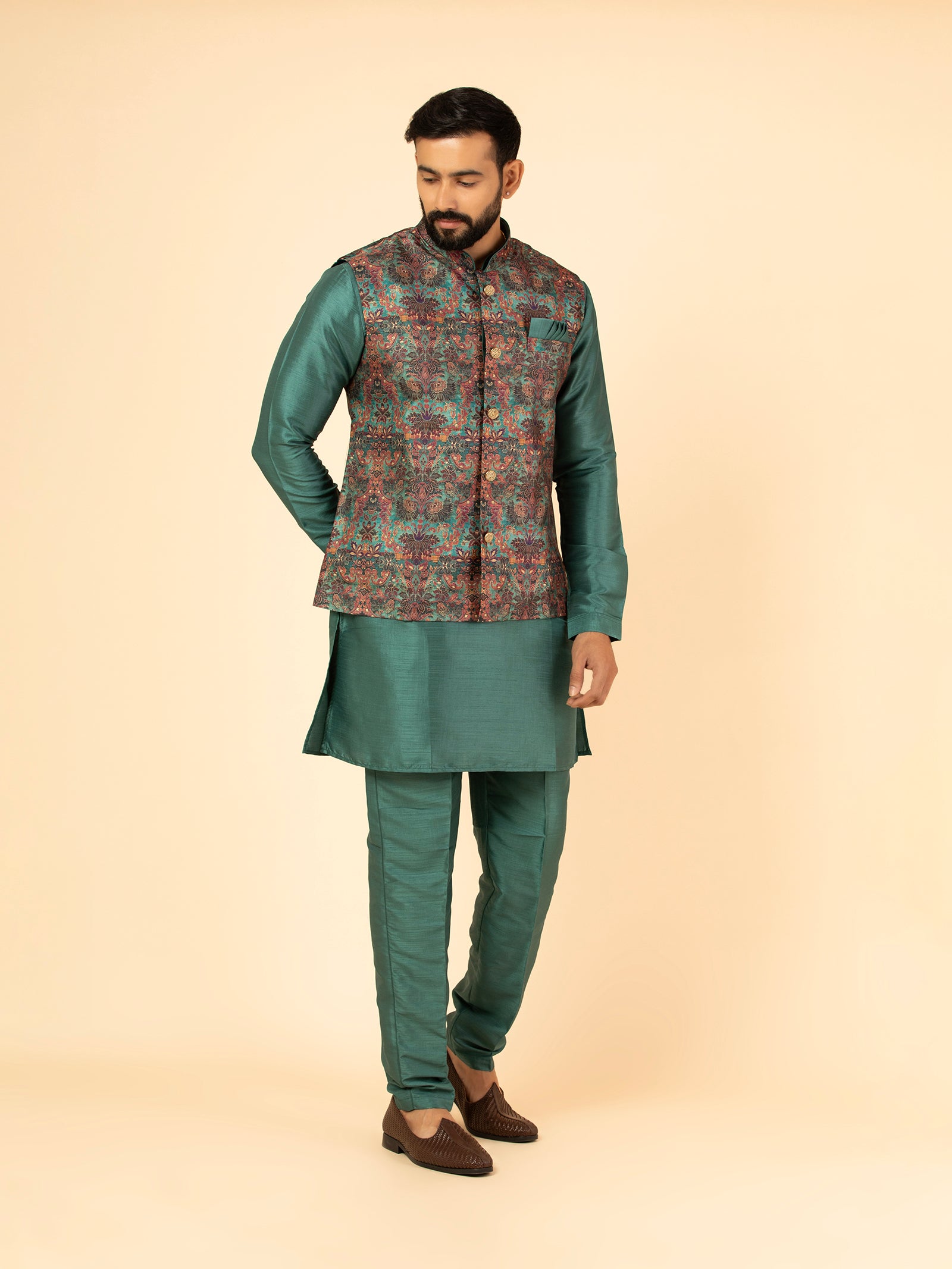 Teal Tapestry Brocade Jacket Set
