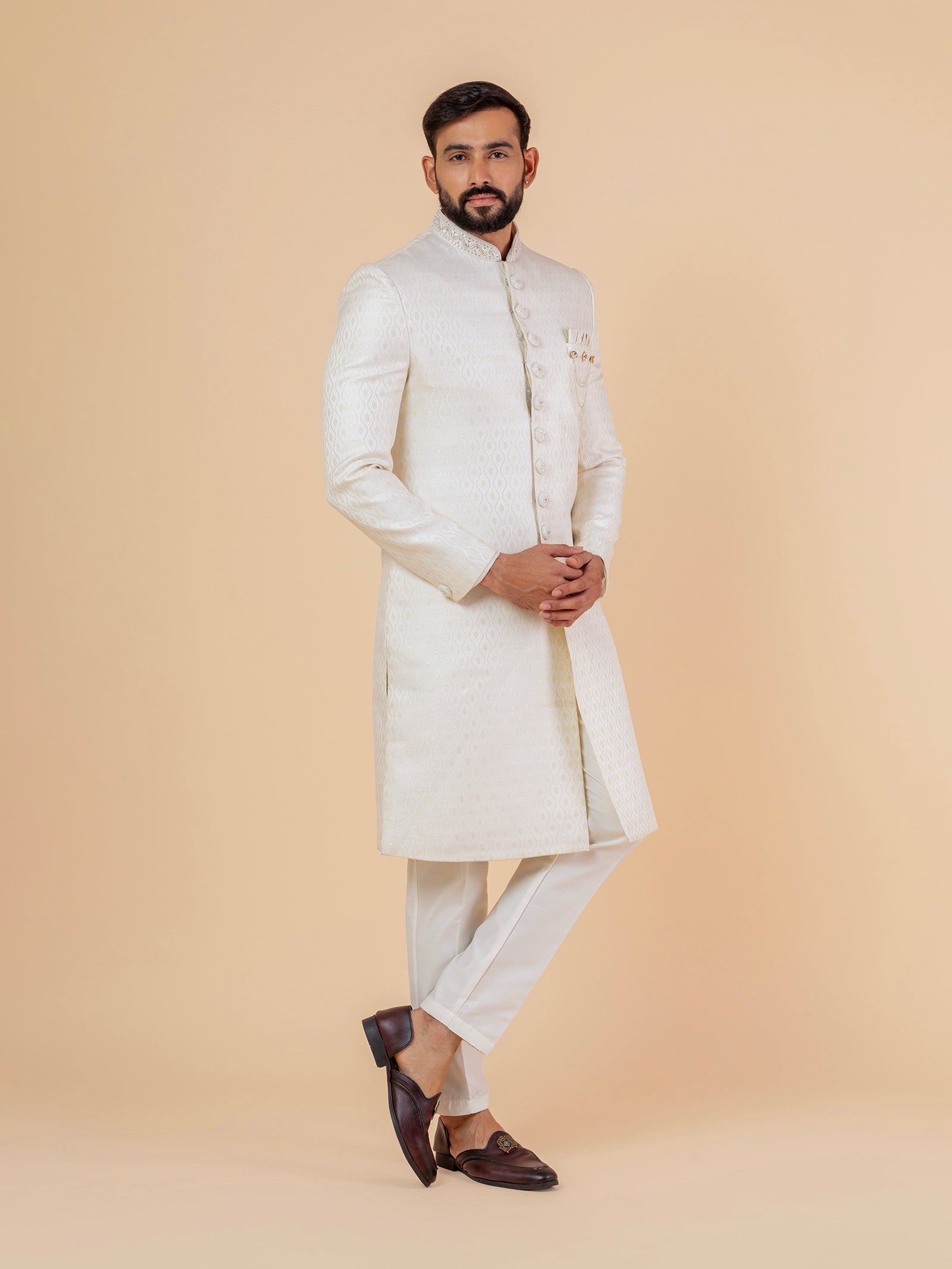 Ivory Damask Patterned Sherwani
