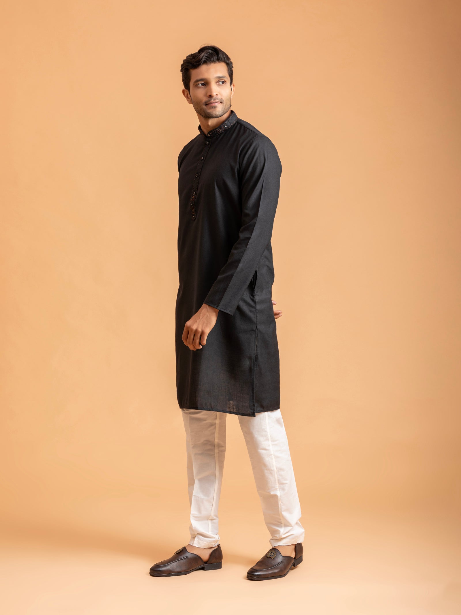 Black Embroidered Placket Kurta Set